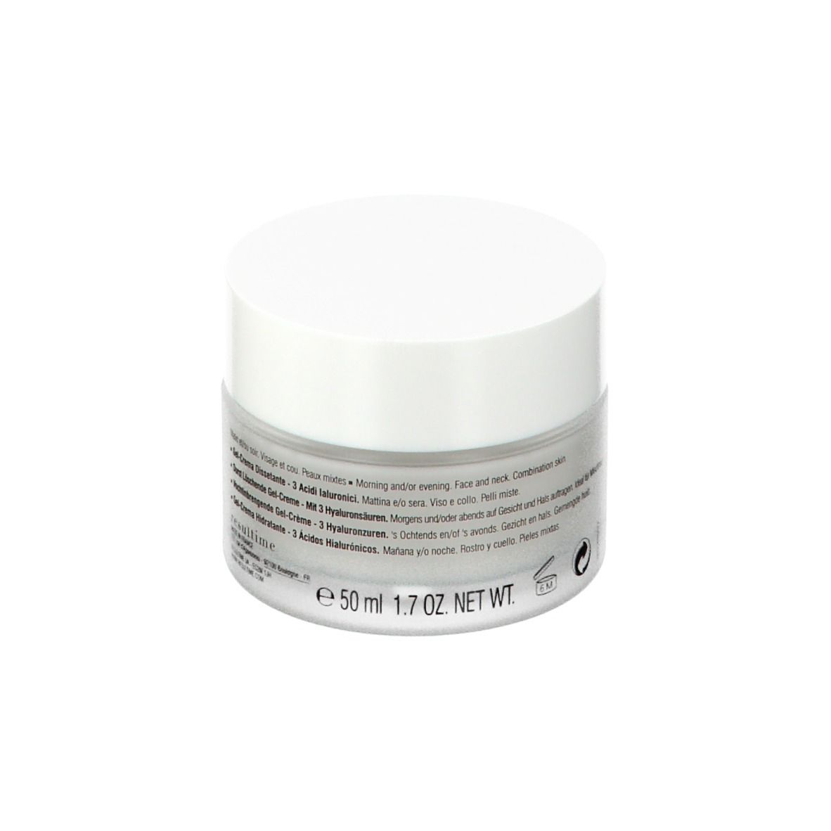 Transparenter Tiegel mit weißem Deckel. Aufschrift: Resultime Paris, Gel-Crème Désaltérant, 3 Acides Hyaluroniques, Hydrating Gel-Cream.