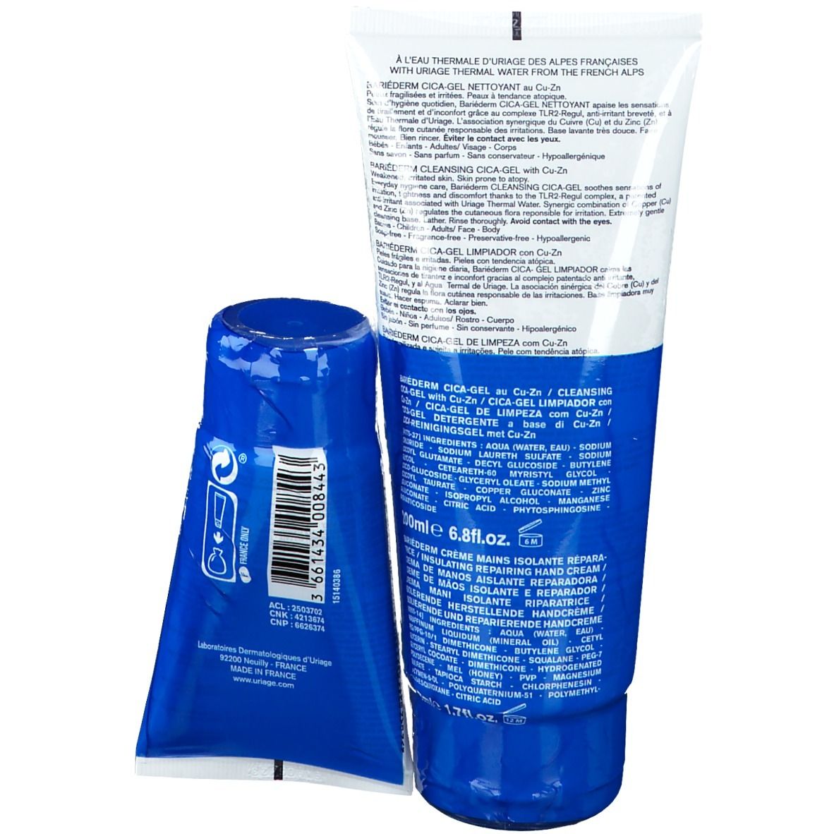 Zwei Tuben. URIAGE-Logo. Text: Bariéderm, Cica-Gel Nettoyant, Crème Mains Isolante Réparatrice. 200ml, 50ml.