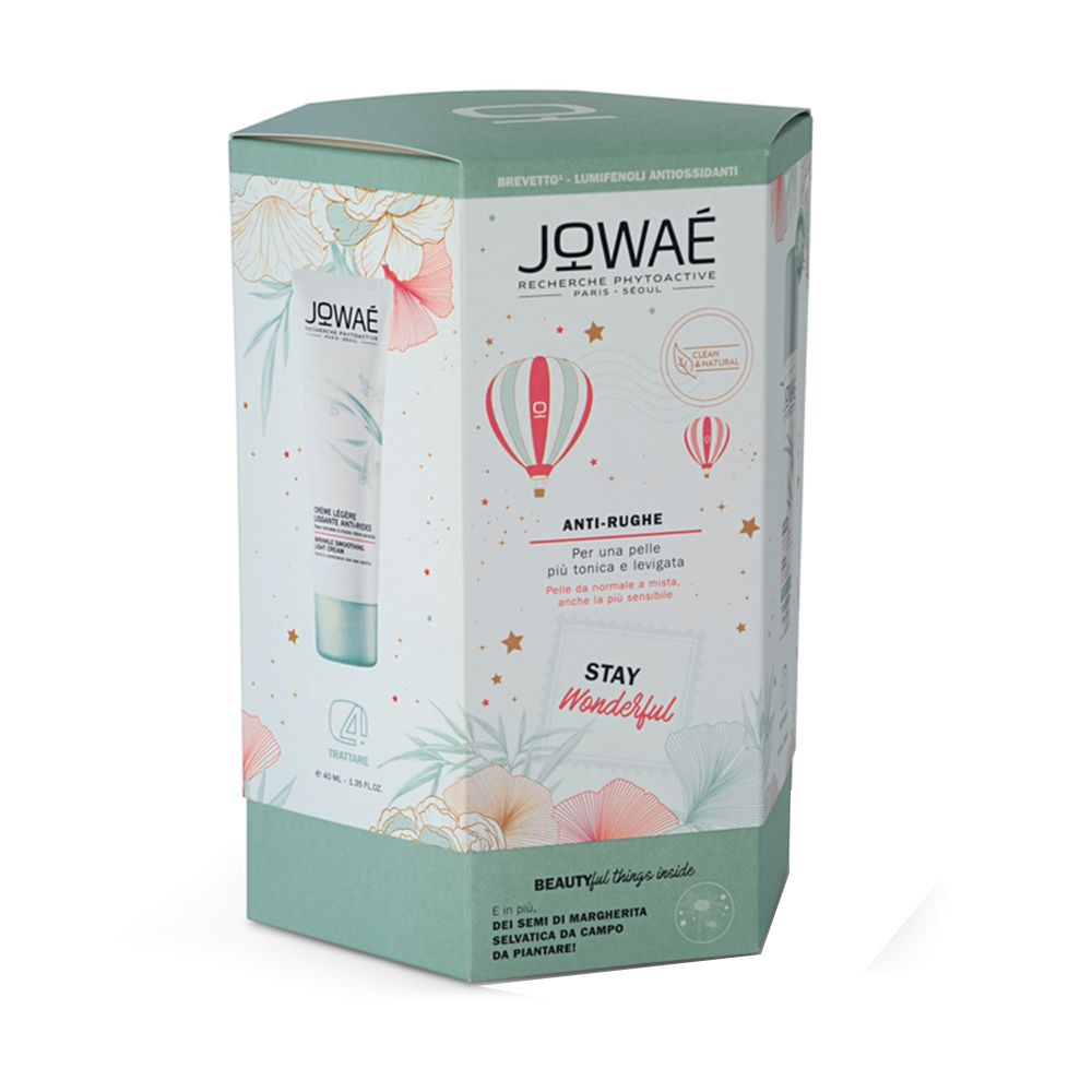 Emballage hexagonal JOWAE. Inscription Anti-rides. Contient une crème. Motifs floraux et ballons.