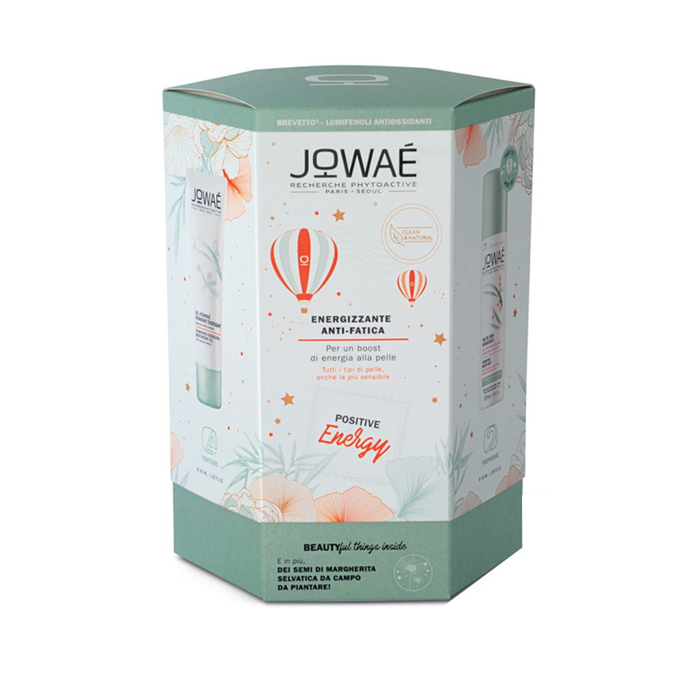 Coffret cadeau hexagonal. Inscription JOWAE. Nom du produit : Energie Geschenkset. Design avec éléments floraux et montgolfières.