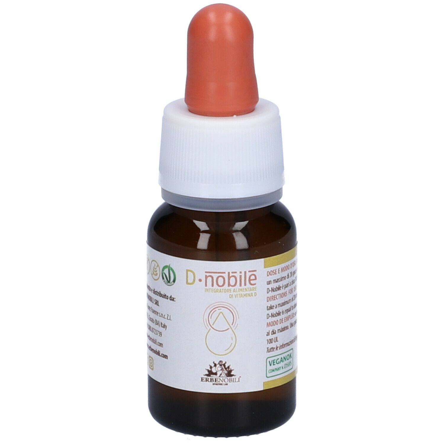 Flacon en verre brun avec compte-gouttes. Inscription D.nobile, vitamine D. Label végétalien.