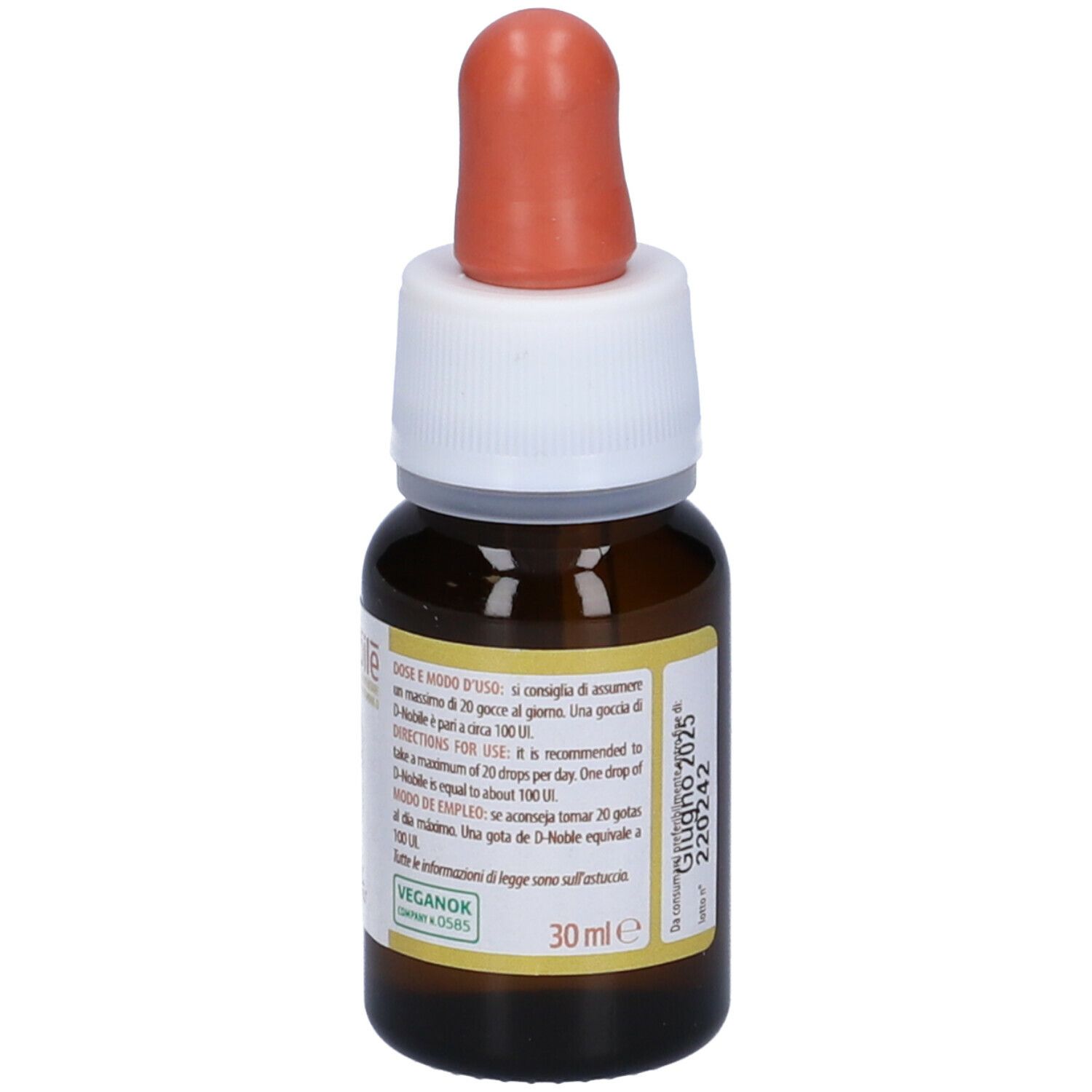 Flacon en verre brun avec compte-gouttes. Inscription D.nobile. Étiquette avec instructions de dosage et date d'expiration.