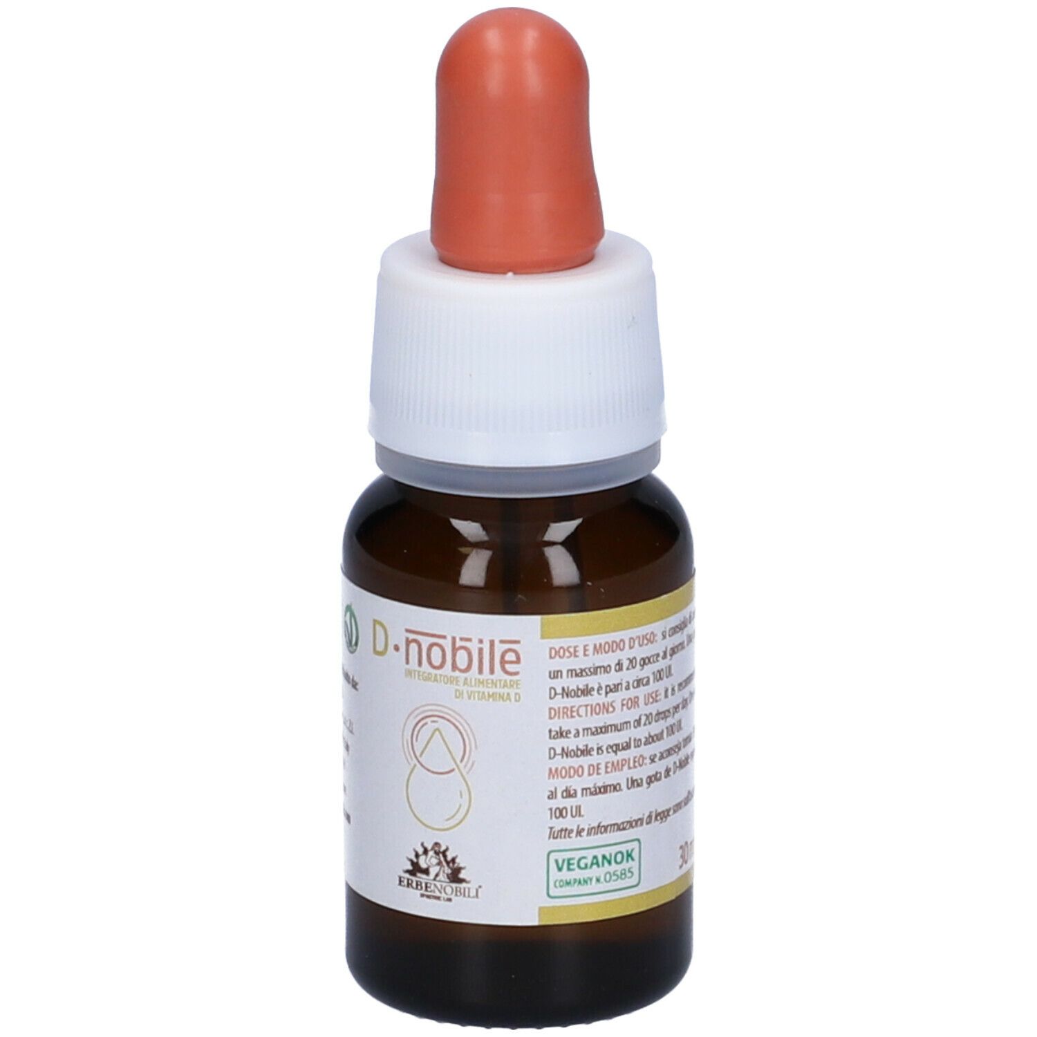 Flacon en verre brun avec compte-gouttes. Inscription D.nobile, vitamine D. Label végétalien. Instructions de dosage.