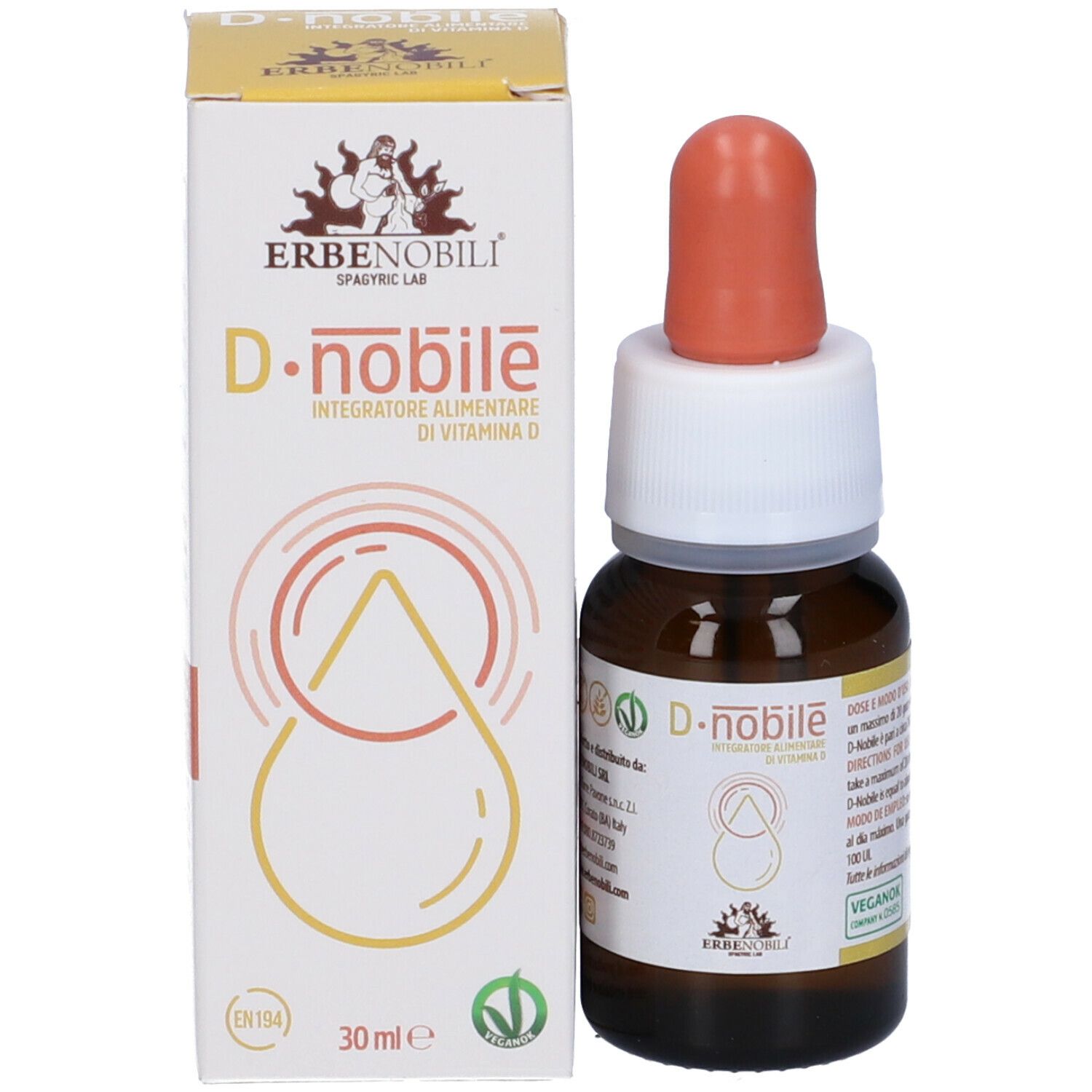Emballage du produit avec flacon et compte-gouttes. Inscription D.nobile, vitamine D. 30 ml. Label végétalien.