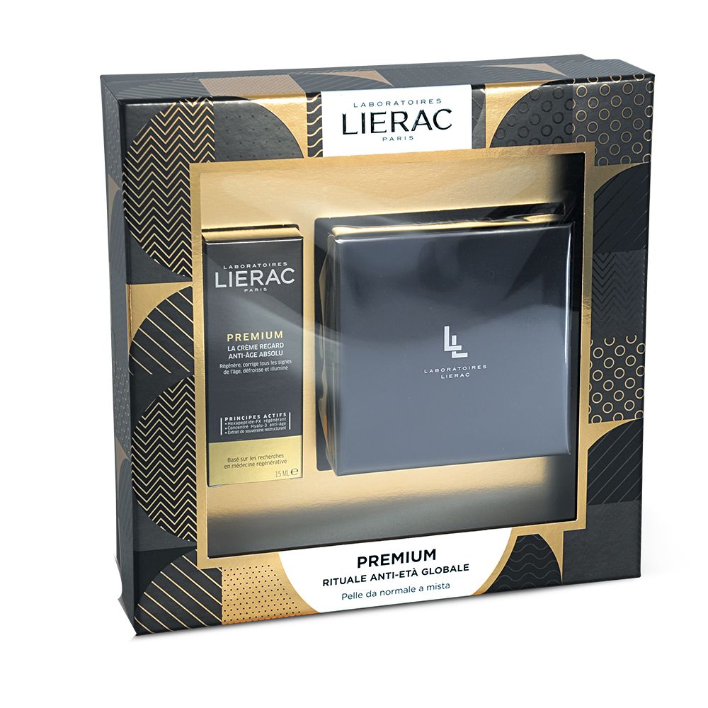 Coffret cadeau noir et or. Contient deux produits. Logo LIERAC en haut. Produits visibles : flacon et boîte carrée. Texte : PREMIUM.