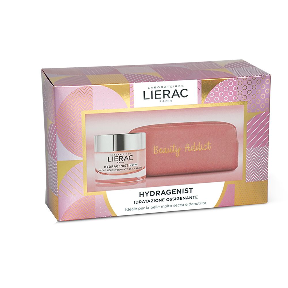 Coffret cadeau avec crème et trousse. Inscriptions: LIERAC, HYDRAGENIST, Beauty Addict. Design rose et doré.