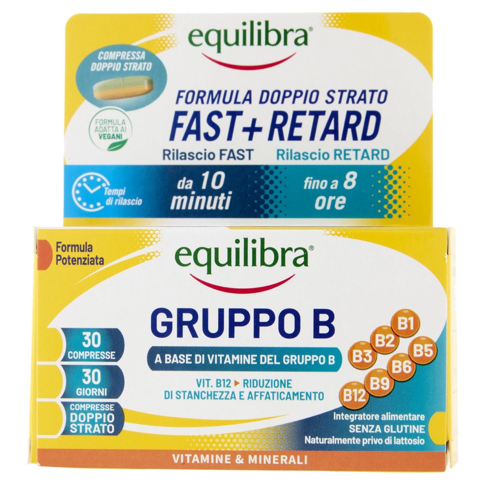Zwei Equilibra Nahrungsergänzungsmittel-Packungen: 'Fast+Retard' und 'Gruppo B' mit Vitaminen.