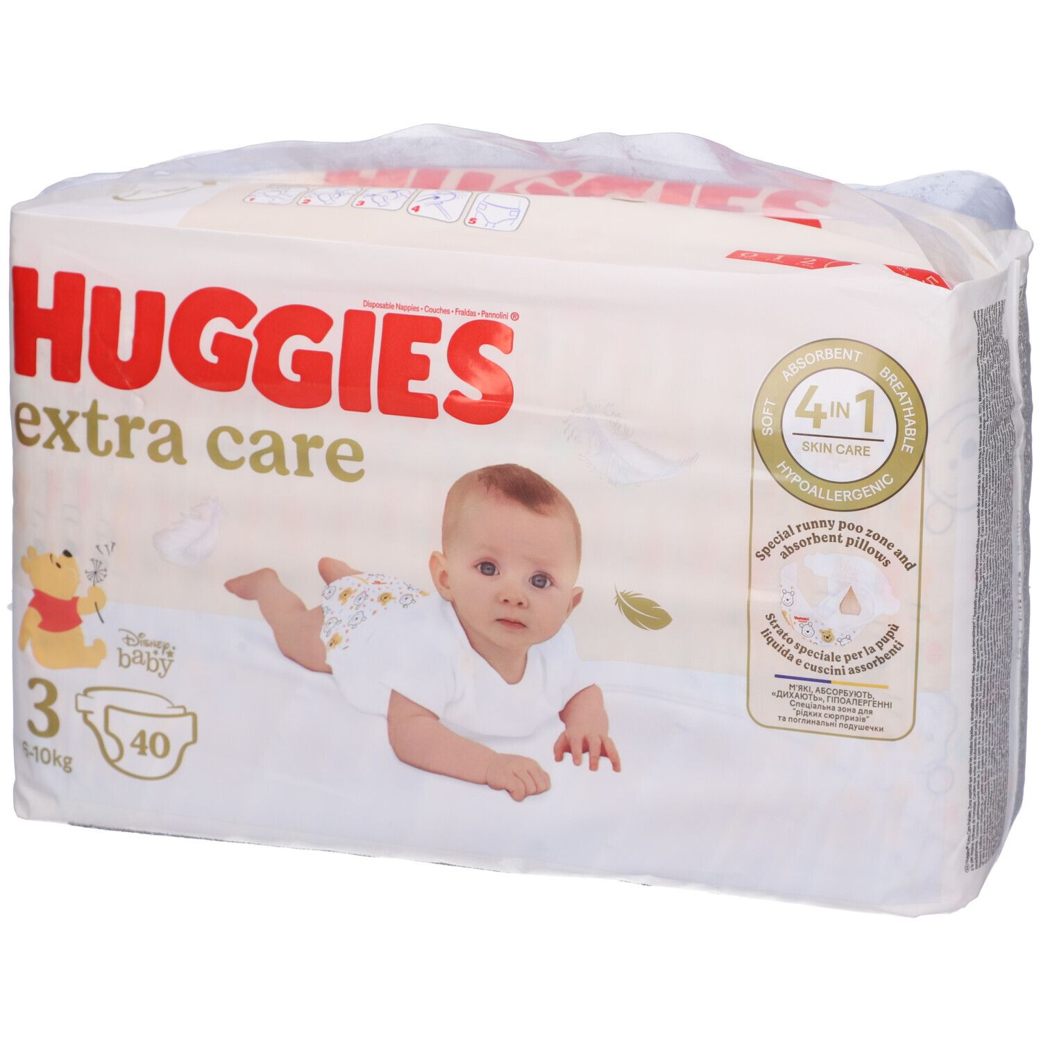 Paquet de couches Huggies Extra Care taille 3, 6-10 kg, 40 unités. Bébé et Winnie l'Ourson sur l'emballage.