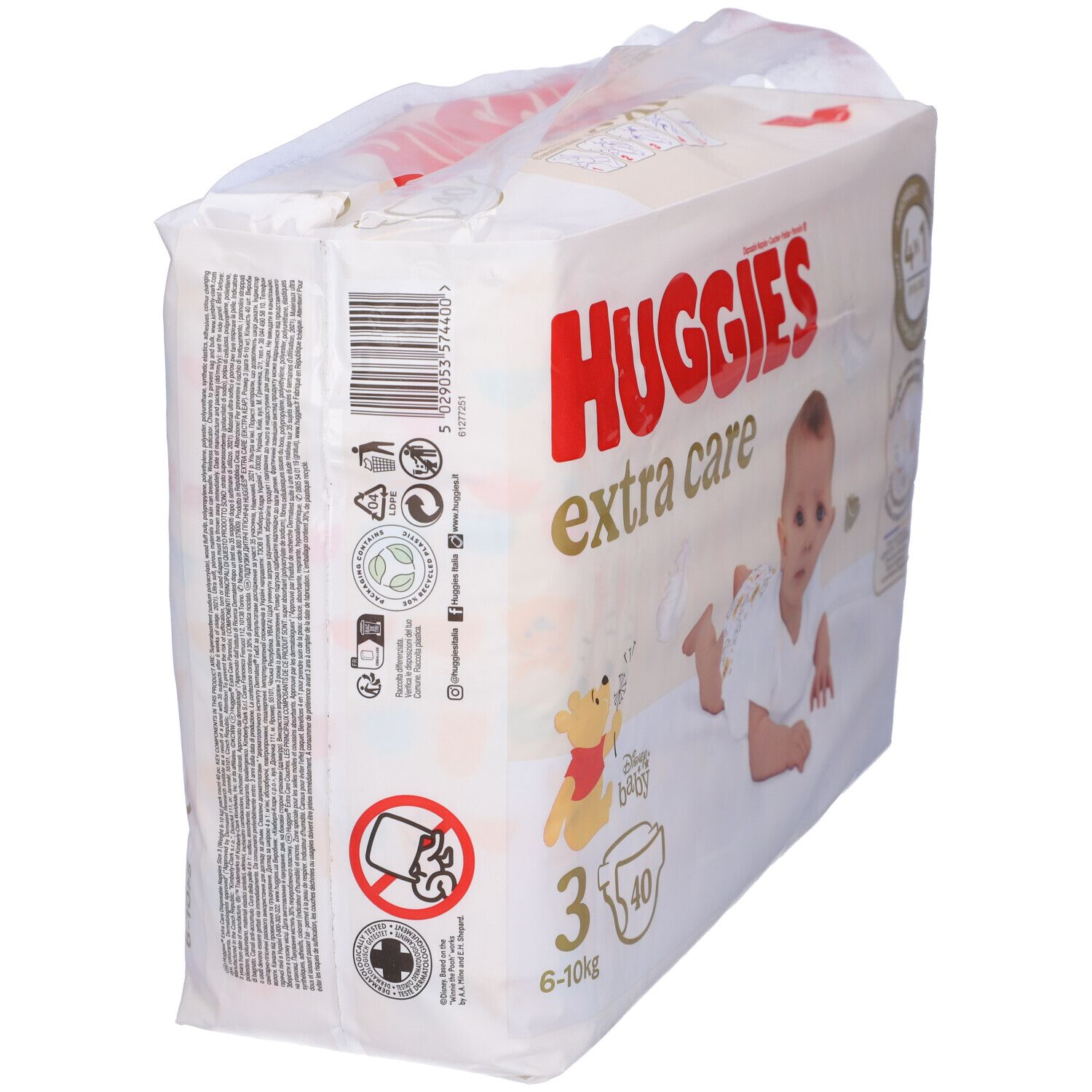 Paquet de couches Huggies Extra Care taille 3, 6-10 kg. Vue latérale avec texte et symboles.