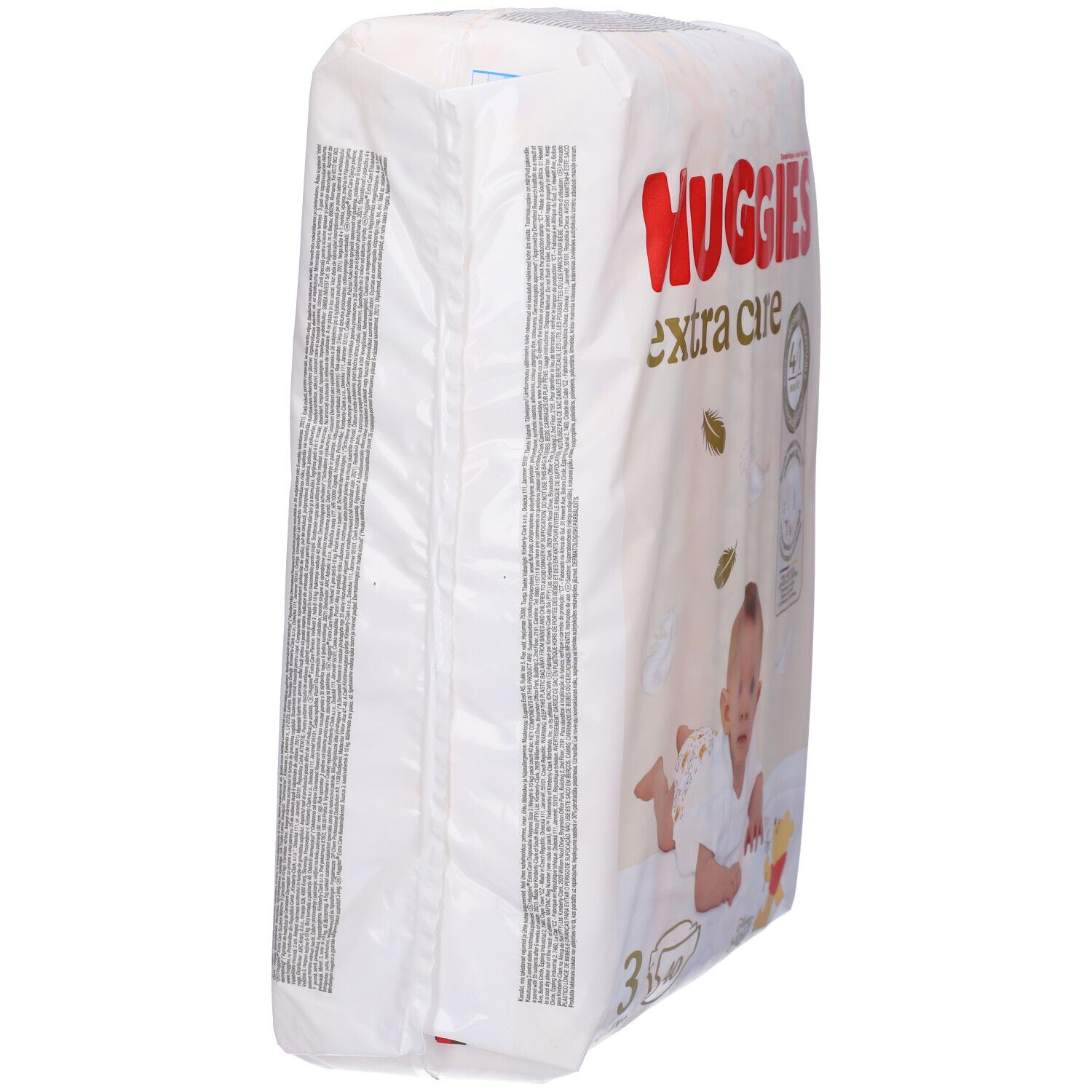 Paquet de couches Huggies Extra Care taille 3, 6-10 kg. Vue latérale avec texte.
