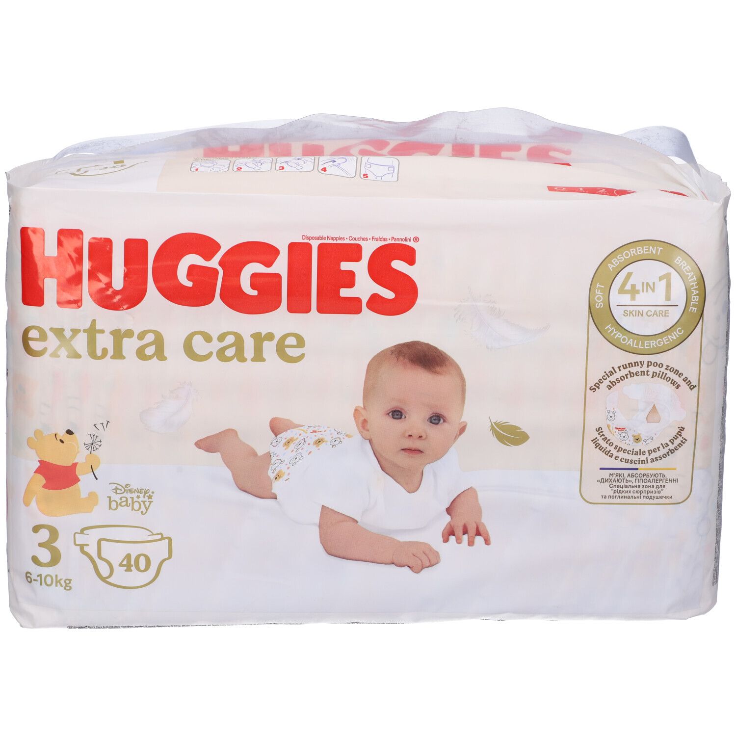 Paquet de couches Huggies Extra Care taille 3, 6-10 kg, 40 unités. Bébé et Winnie l'Ourson sur l'emballage.