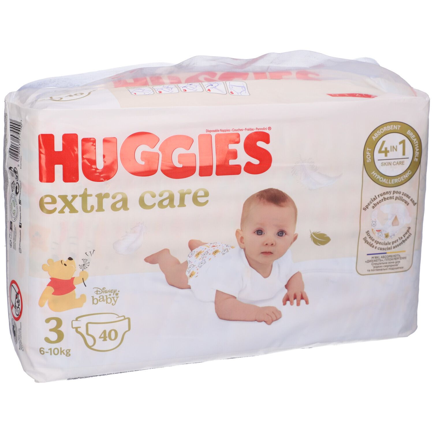 Paquet de couches Huggies Extra Care taille 3, 6-10 kg, 40 unités. Bébé et Winnie l'Ourson sur l'emballage.