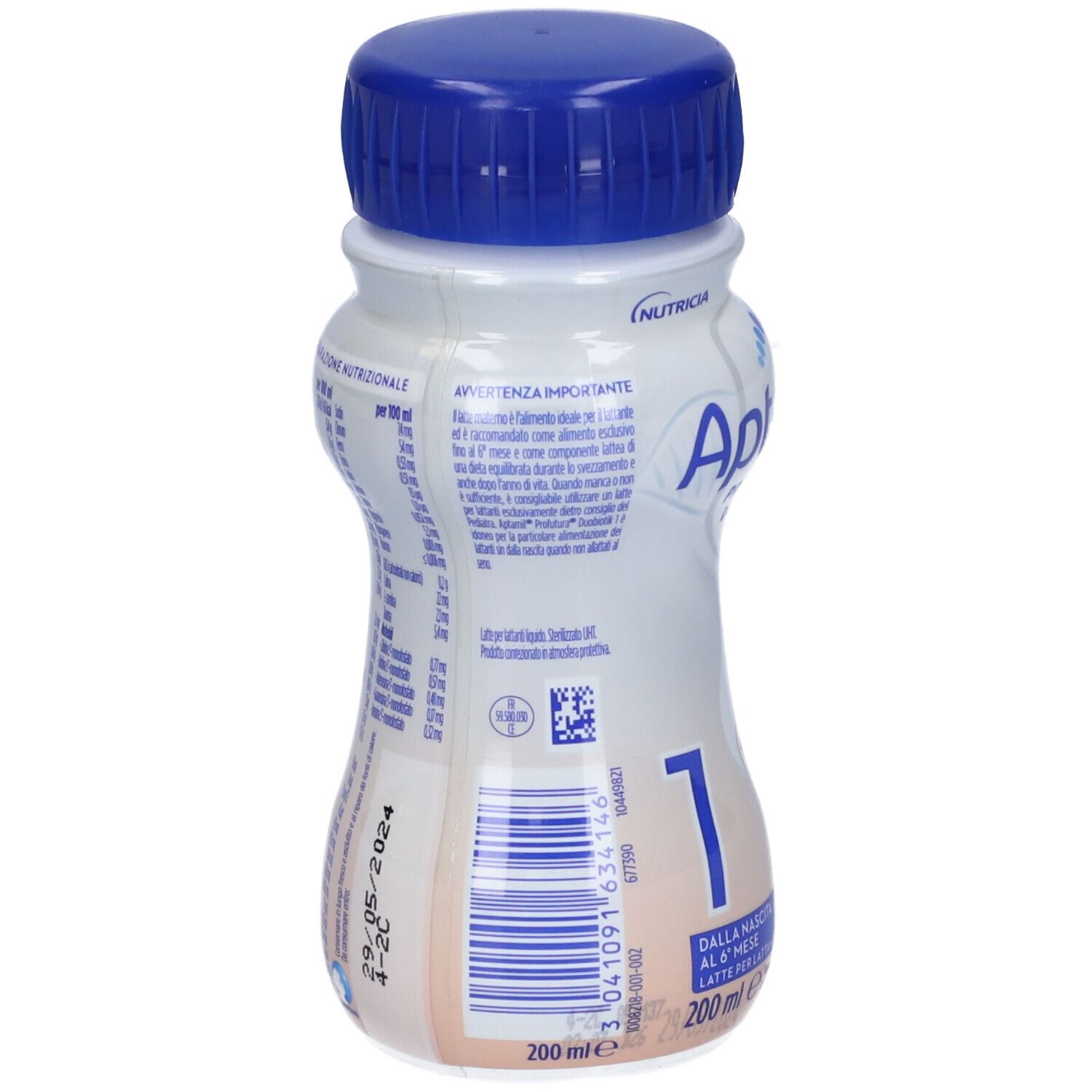 Rückseite der Aptamil Profutura Duobiotik 1 Flasche. Weiße Flasche mit blauen Deckel. Barcode, Text und Haltbarkeitsdatum.