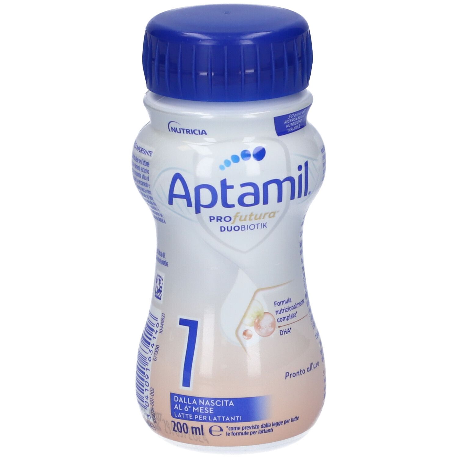 Aptamil Profutura Duobiotik 1 Flasche. Blau-weiße Flasche mit blauem Deckel. Aufschrift: Aptamil, 1, DHA. 200ml.