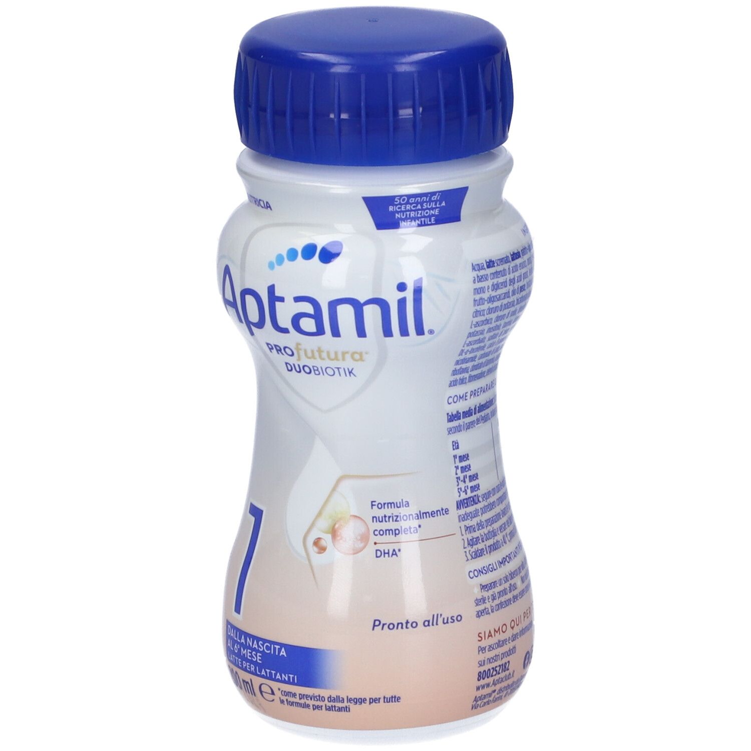 Aptamil Profutura Duobiotik 1 Flasche. Blau-weiße Flasche mit blauem Deckel. Aufschrift: Aptamil, 1, DHA. 200ml.