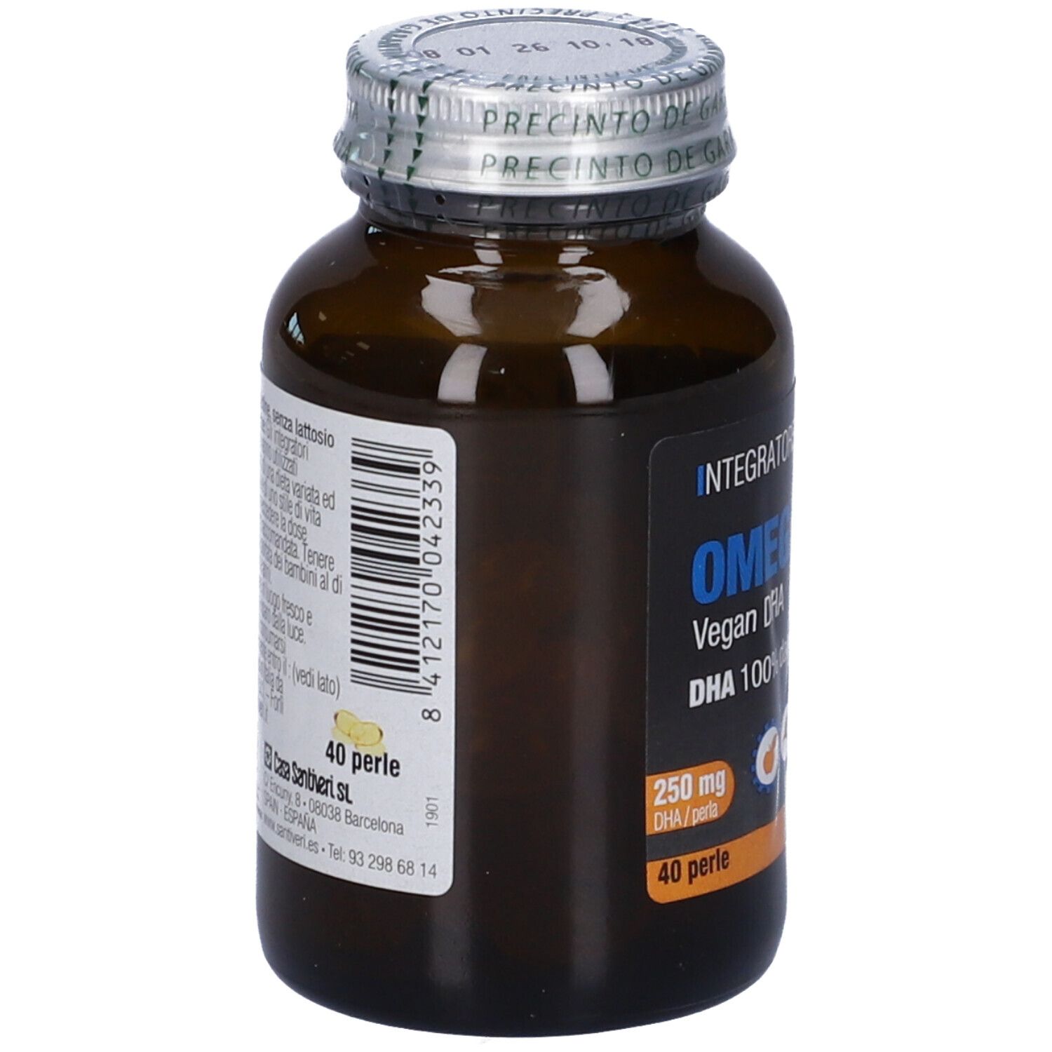 Flacon en verre brun avec capsules. Inscription: Omega 3 Vegetale, 40 perles, 250 mg DHA. Code-barres et texte.