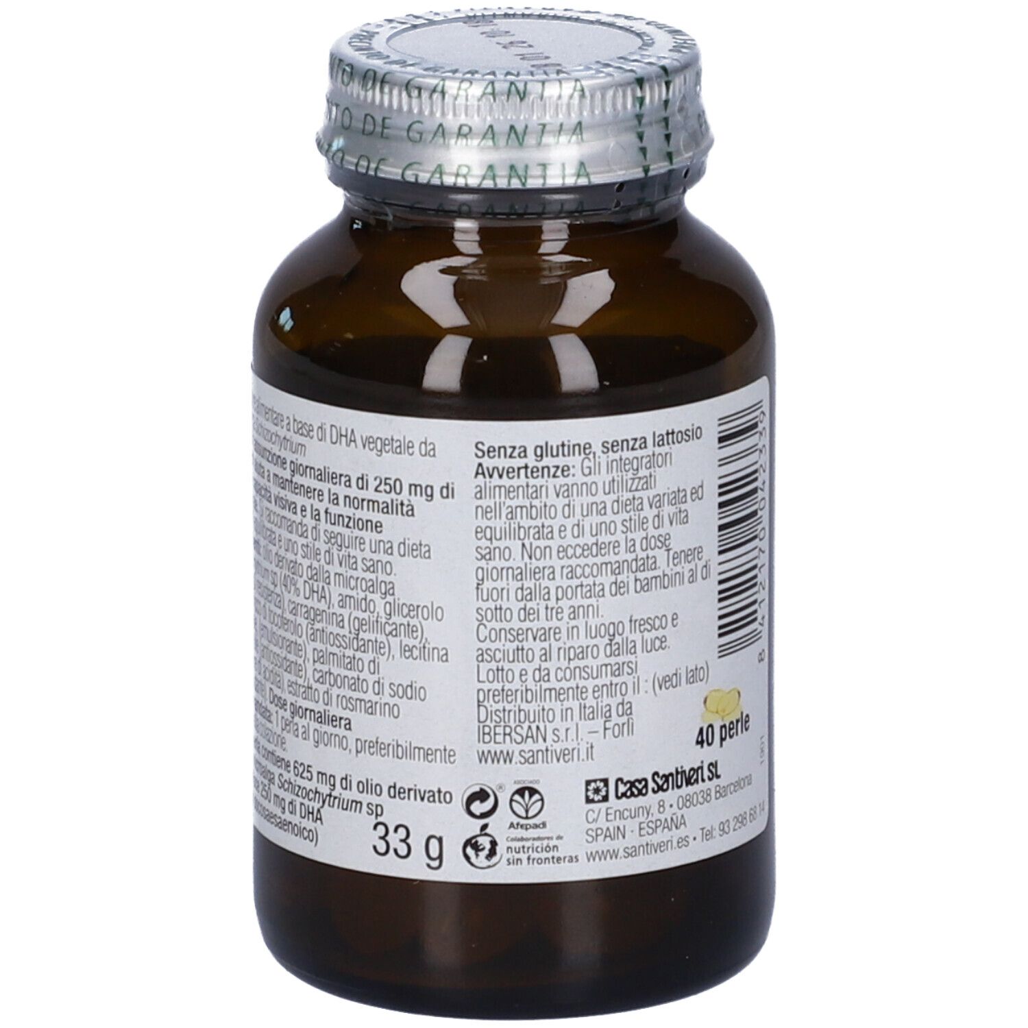 Flacon en verre brun avec capsules. Dos avec texte. Inscription: 40 perles, 33 g. Marque: Casa Santiveri.