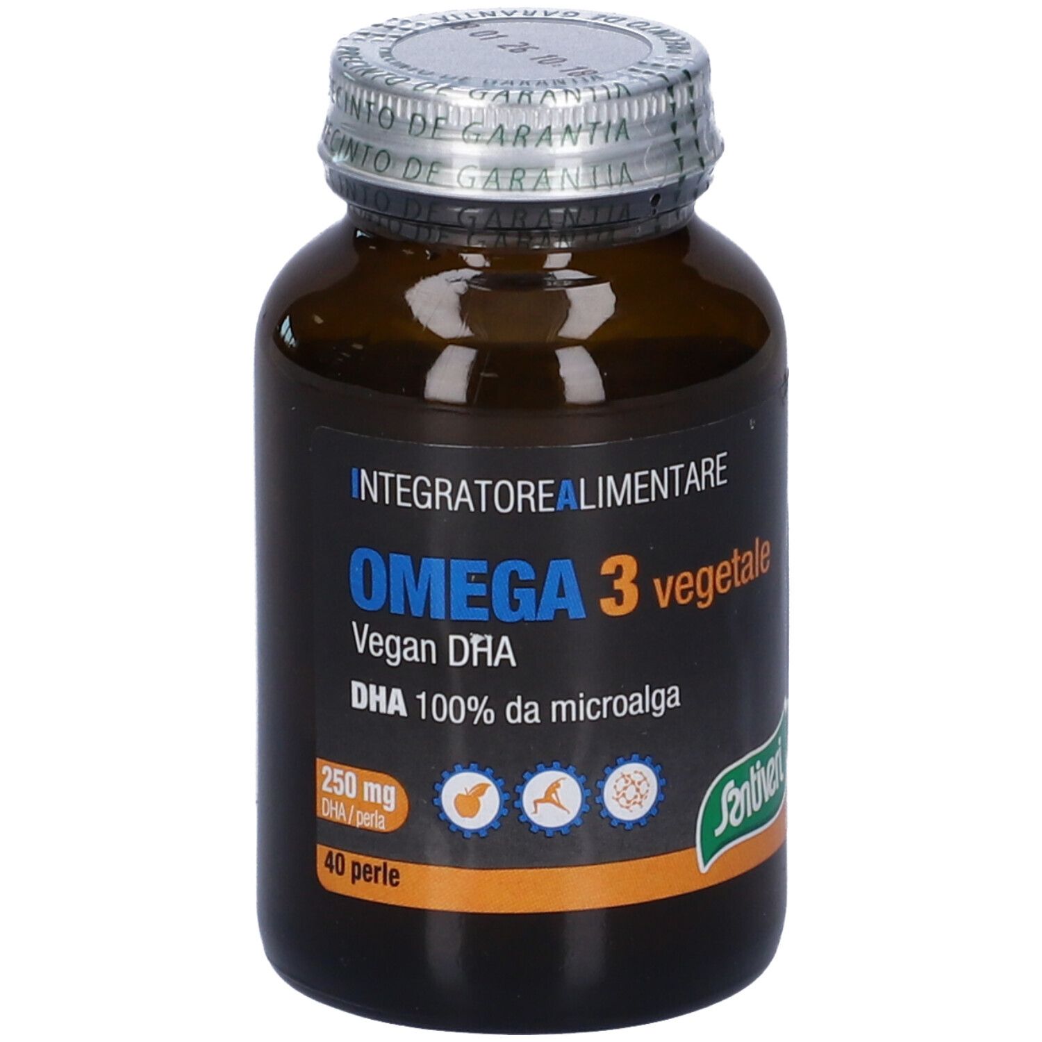 Flacon en verre brun avec capsules. Inscription: Omega 3 Vegetale, 40 perles, 250 mg DHA. Marque: Santiveri.