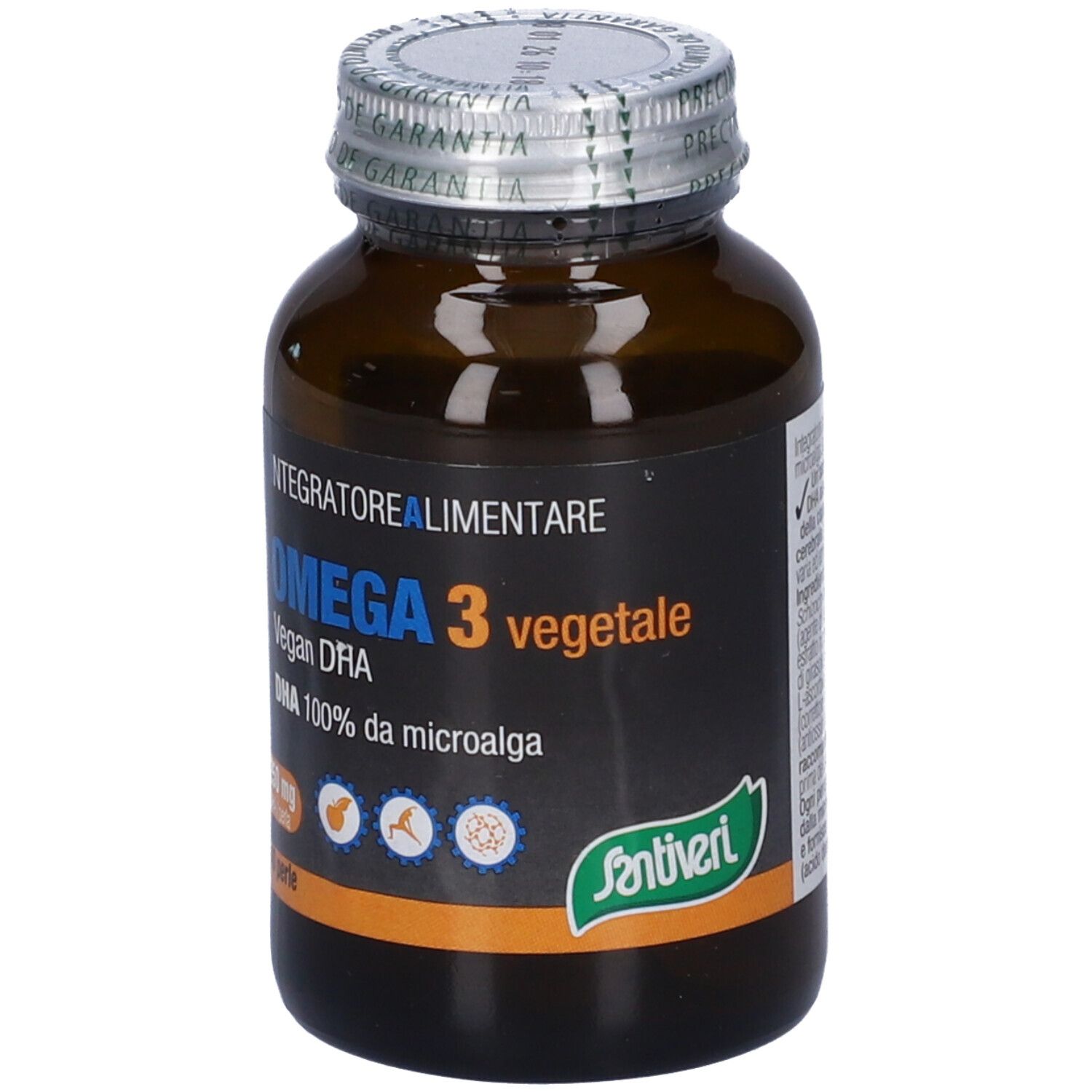 Flacon en verre brun avec capsules. Inscription: Omega 3 Vegetale, 40 perles, 250 mg DHA. Marque: Santiveri.