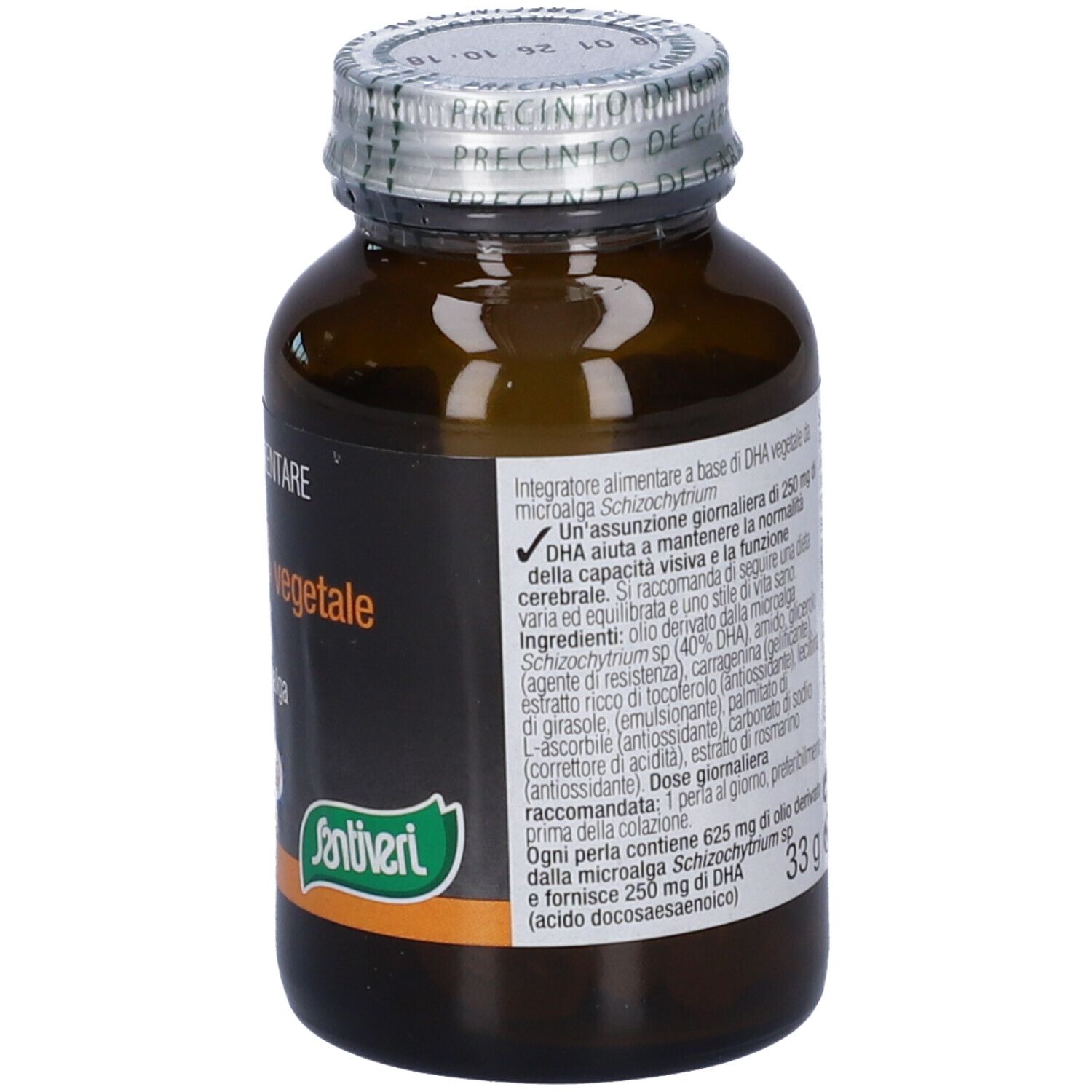 Flacon en verre brun avec capsules. Dos avec texte. Inscription: 33 g. Marque: Santiveri.