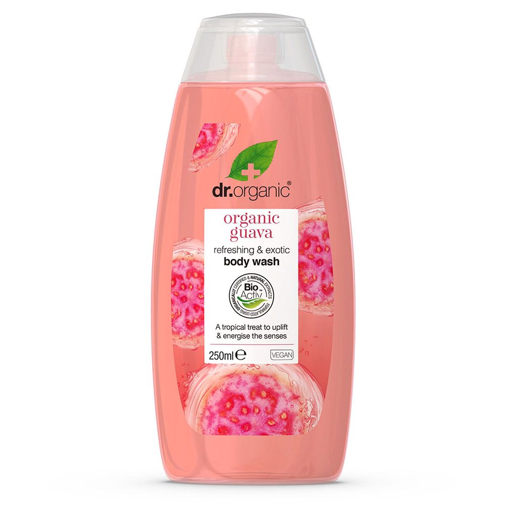 Gel douche Dr. Organic Bio-Guave. Bouteille ovale rose avec bouchon rabattable. Étiquette avec illustrations de goyave et texte.