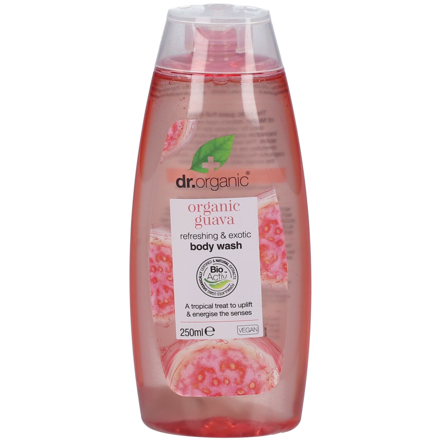 Gel douche Dr. Organic Bio-Guave. Bouteille ovale rose avec bouchon rabattable. Étiquette avec illustrations de goyave et texte.