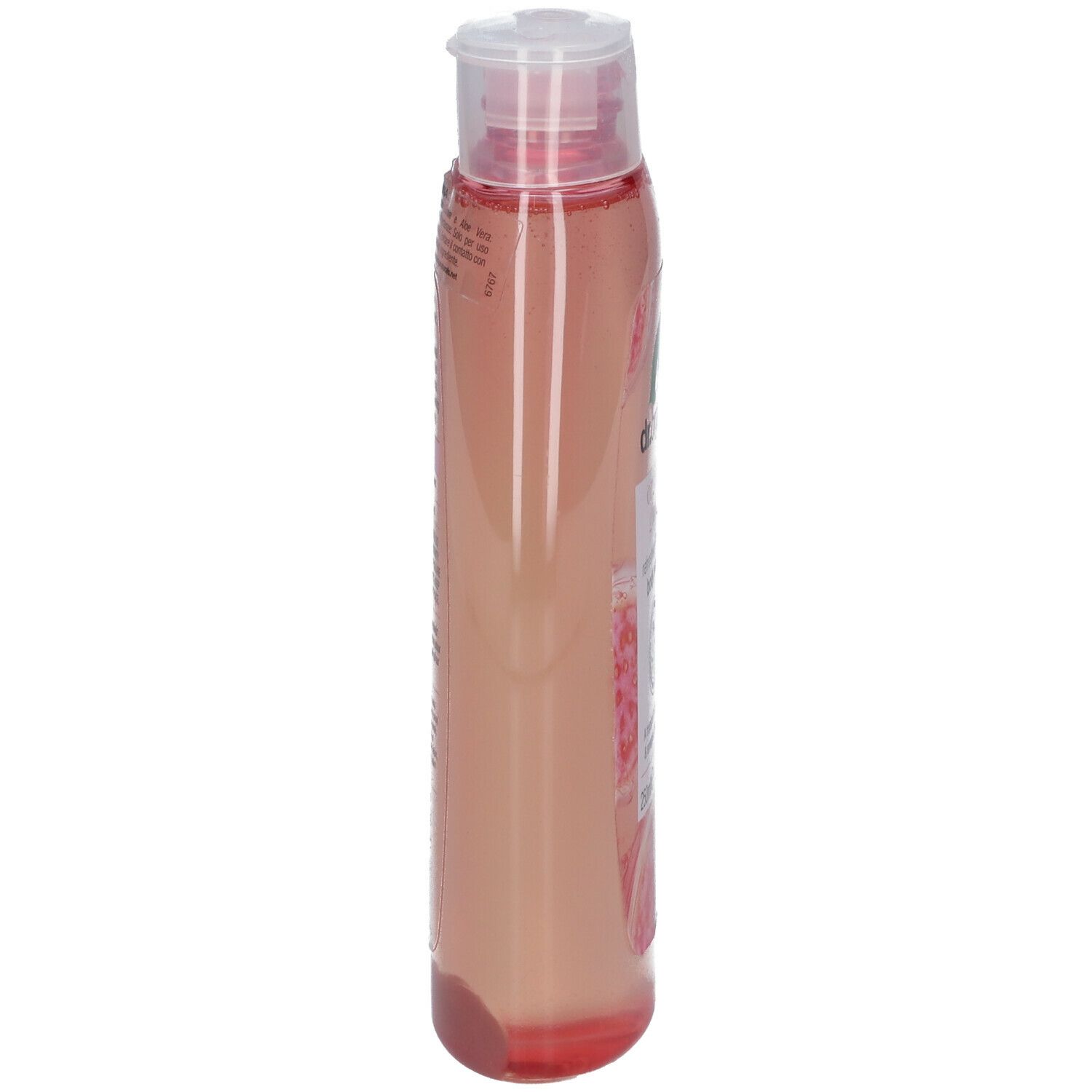 Gel douche Dr. Organic Bio-Guave, vue latérale. Liquide rose, bouchon rabattable. Étiquette avec texte.