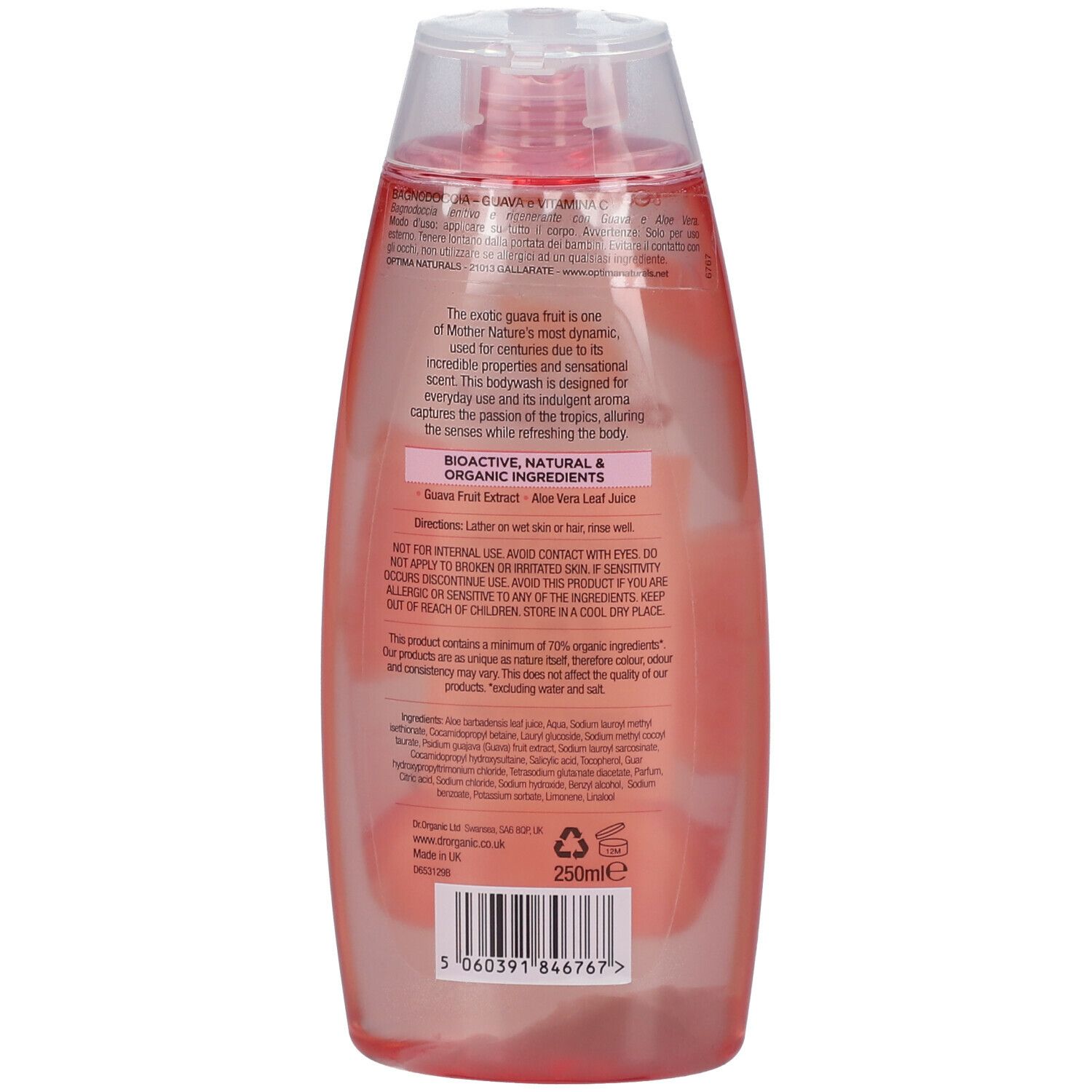 Gel douche Dr. Organic Bio-Guave. Dos de la bouteille. Liquide rose, bouchon rabattable. Étiquette avec texte et ingrédients.