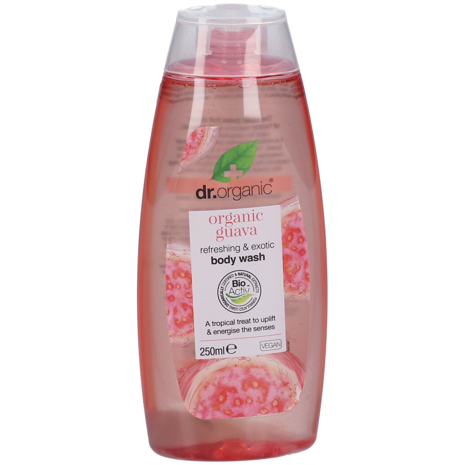 Gel douche Dr. Organic Bio-Guave. Bouteille ovale rose avec bouchon rabattable. Étiquette avec illustrations de goyave et texte.