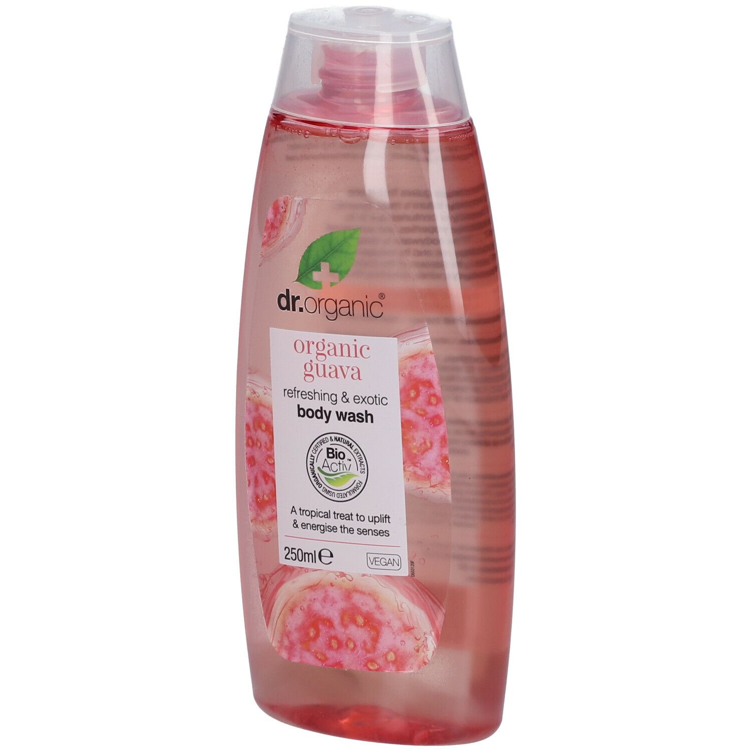 Gel douche Dr. Organic Bio-Guave. Bouteille ovale rose avec bouchon rabattable. Étiquette avec illustrations de goyave et texte.