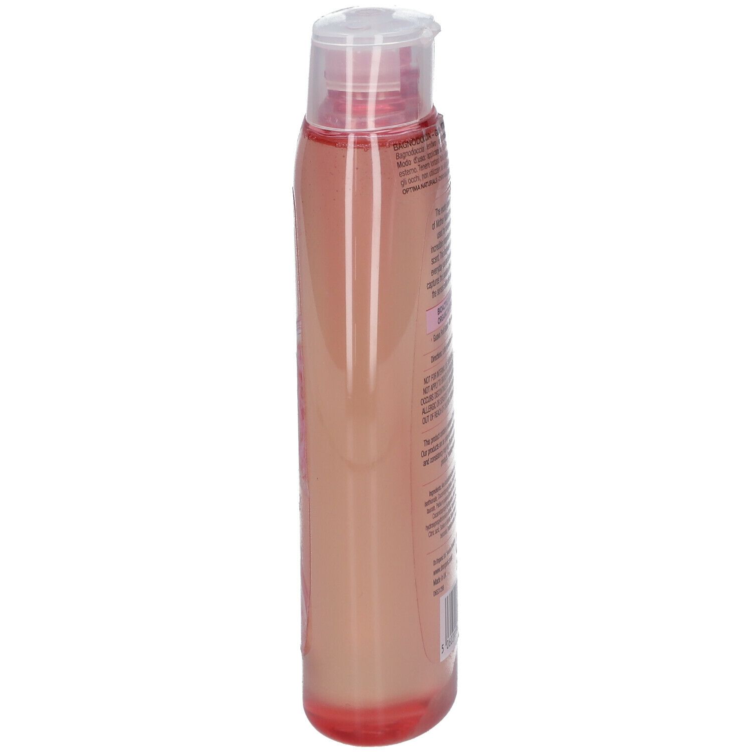 Gel douche Dr. Organic Bio-Guave, vue latérale. Liquide rose, bouchon rabattable. Étiquette avec texte.