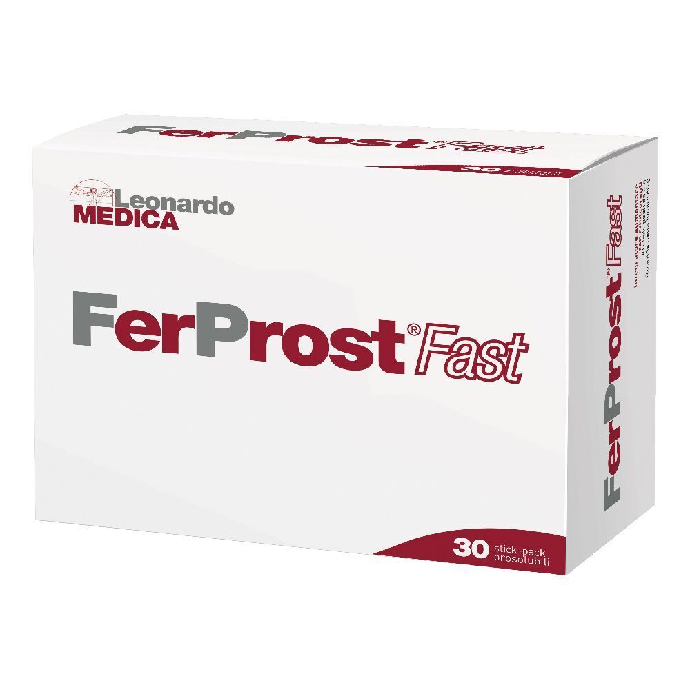 Weiße Schachtel mit Aufschrift "FerProst Fast". Logo "Leonardo Medica". Aufschrift "30 stick-pack orosolubili".