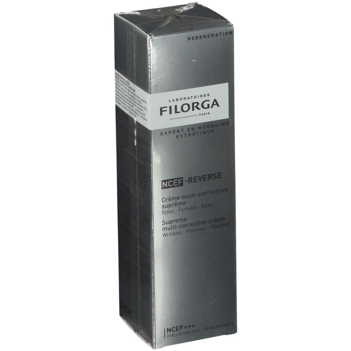 Boîte FILORGA NCEF-REVERSE®. Argentée, avec nom et description du produit. Texte en français et anglais.