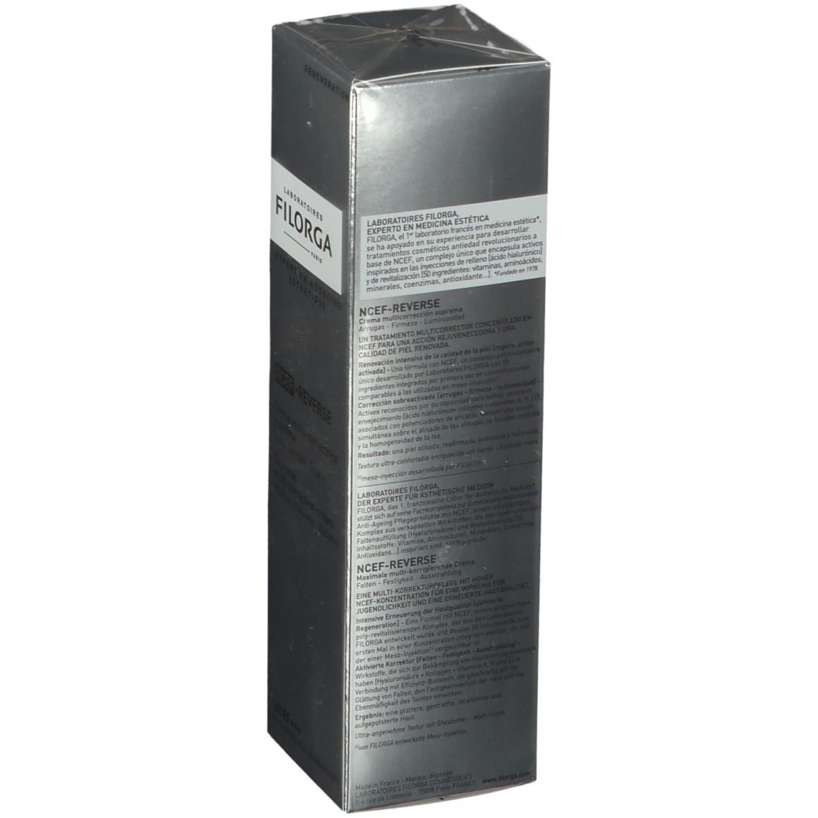 Dos de la boîte FILORGA NCEF-REVERSE®. Texte multilingue, dont français et anglais.