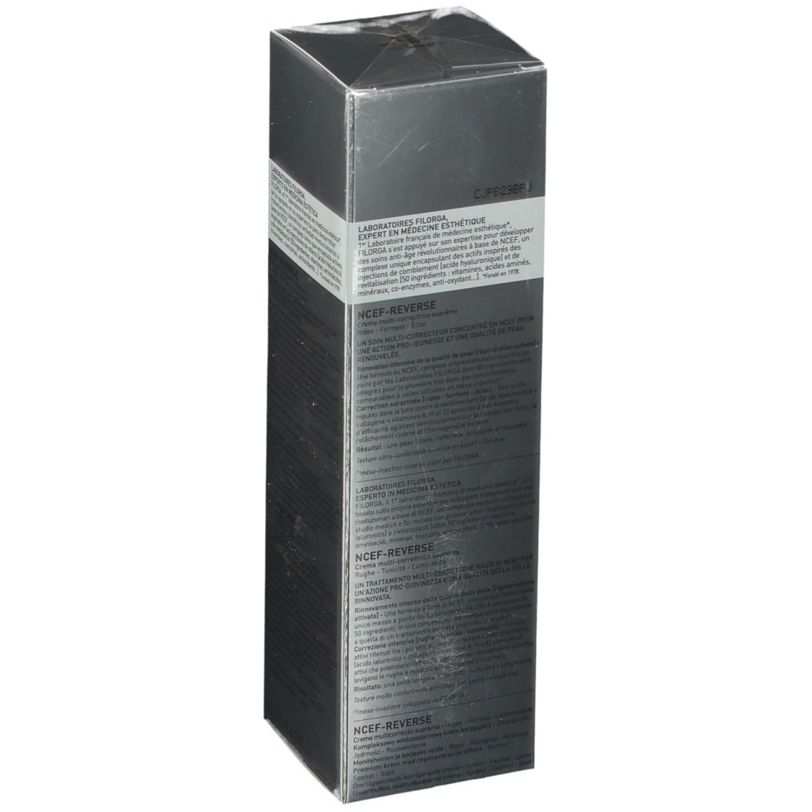 Dos de la boîte FILORGA NCEF-REVERSE®. Texte multilingue, dont français et anglais.