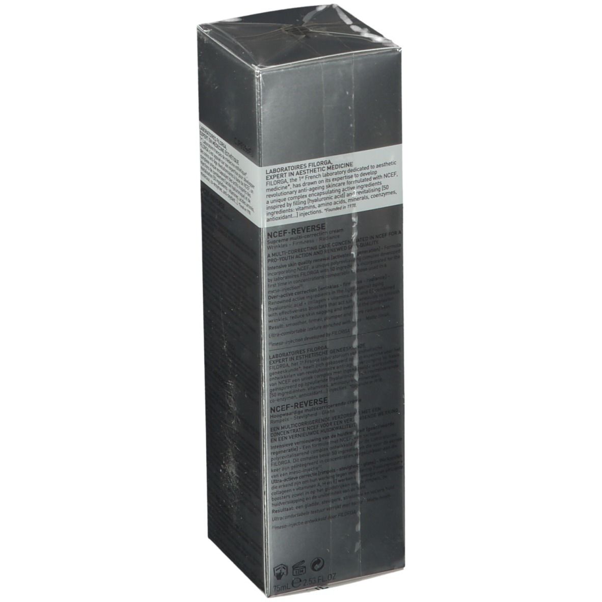 Dos de la boîte FILORGA NCEF-REVERSE®. Texte multilingue, dont français et anglais.