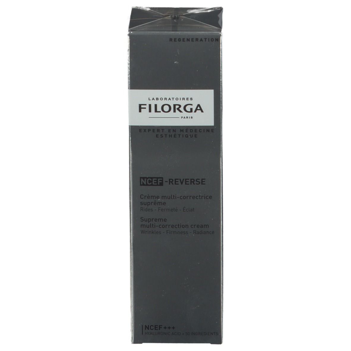 Boîte FILORGA NCEF-REVERSE®. Noire, avec nom et description du produit. Texte en français et anglais.