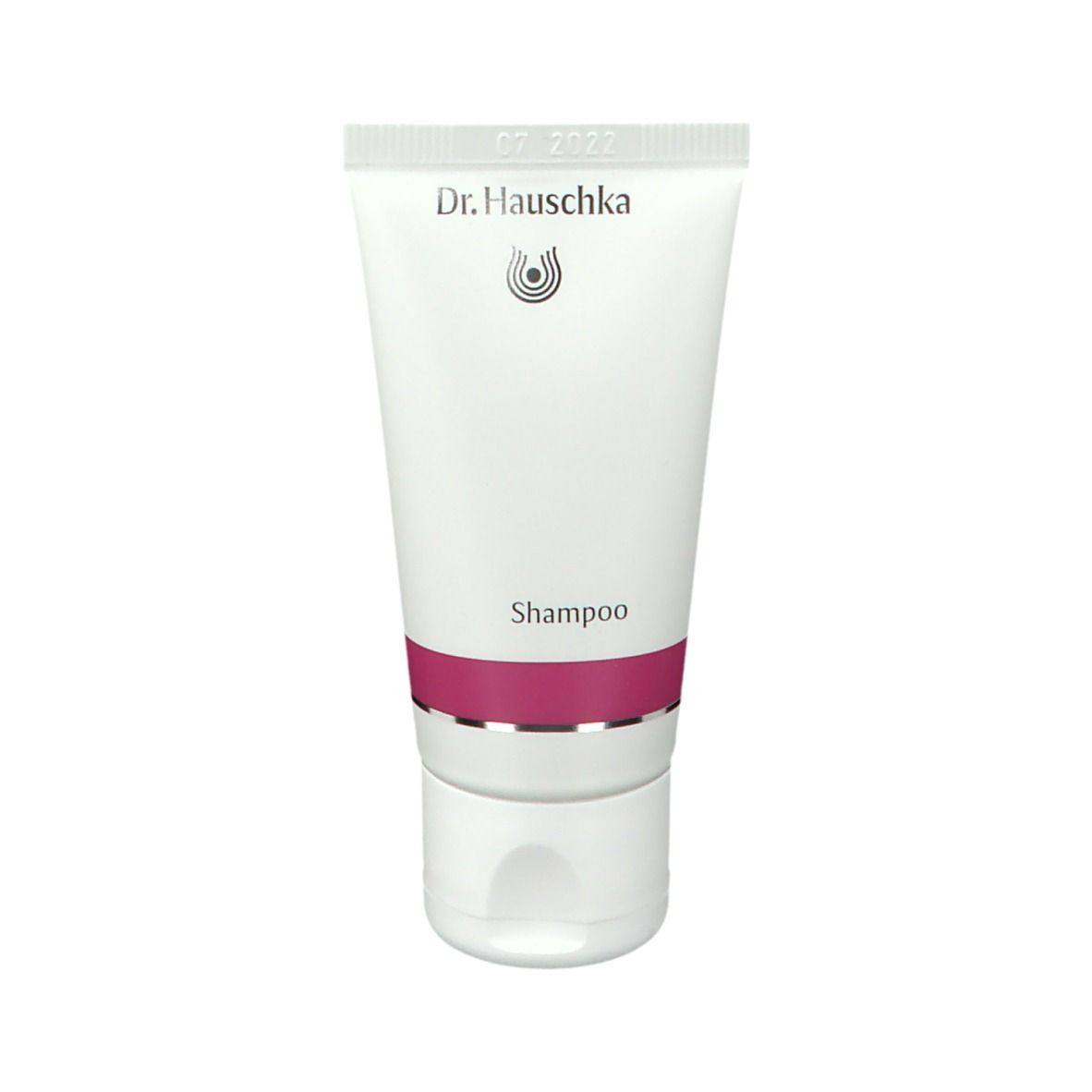 Weiße Tube mit lila Band. Aufschrift: Dr. Hauschka, Shampoo. Datum: 07 2022. Verschlusskappe unten.