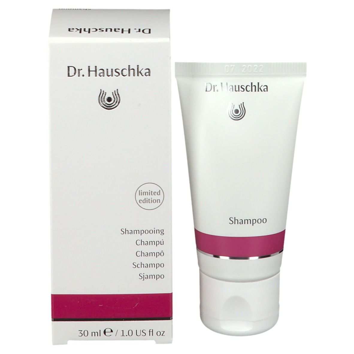 Weiße Schachtel und Tube. Aufschrift: Dr. Hauschka, Shampoo, limited edition. 30 ml.