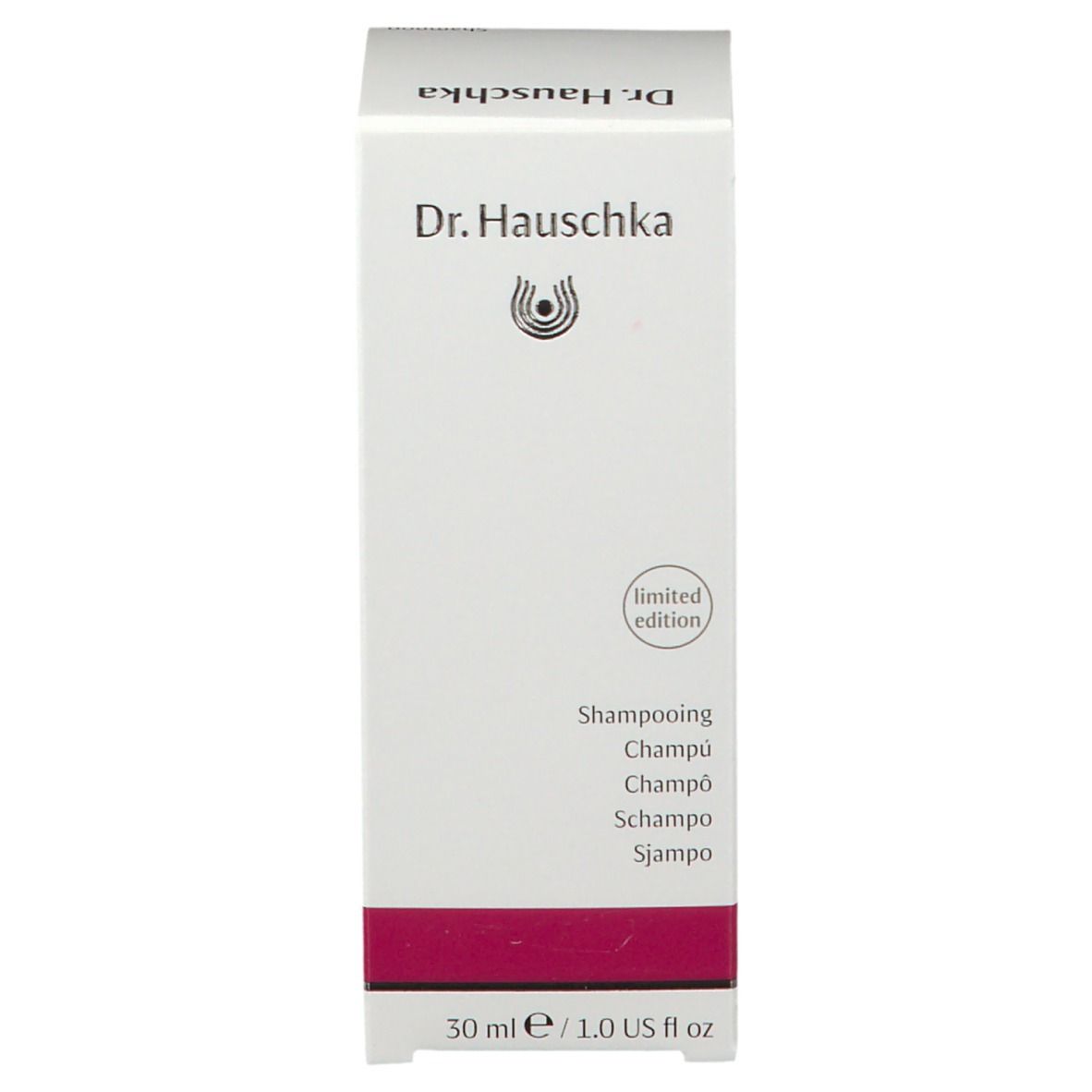 Weiße Schachtel. Aufschrift: Dr. Hauschka, Shampoo, limited edition. 30 ml.