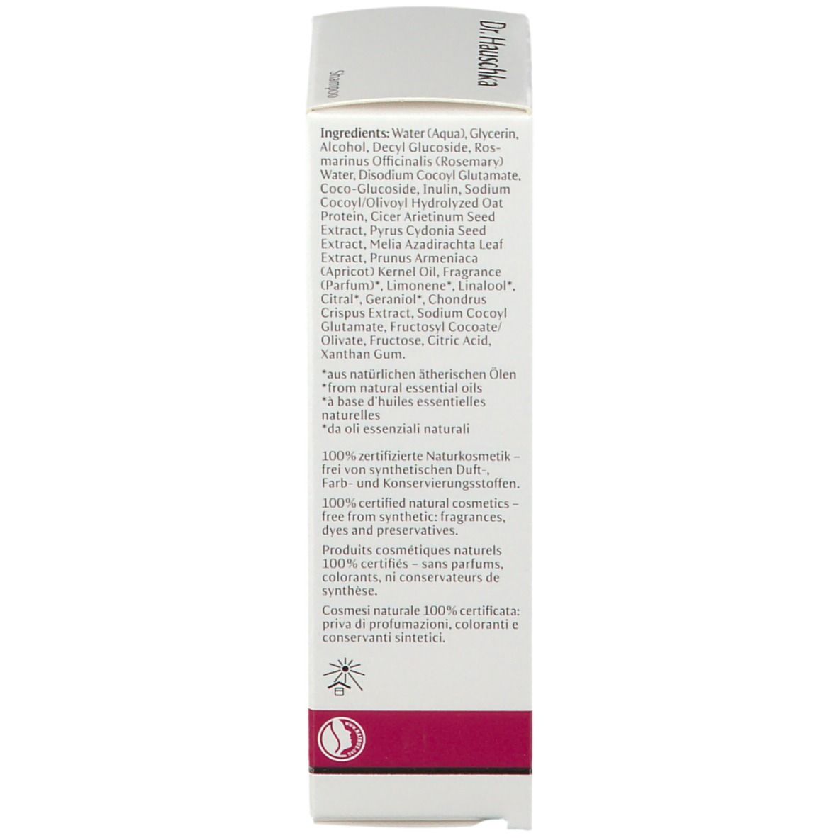Weiße Schachtel. Aufschrift: Inhaltsstoffe, 100% zertifizierte Naturkosmetik. Text auf Deutsch.