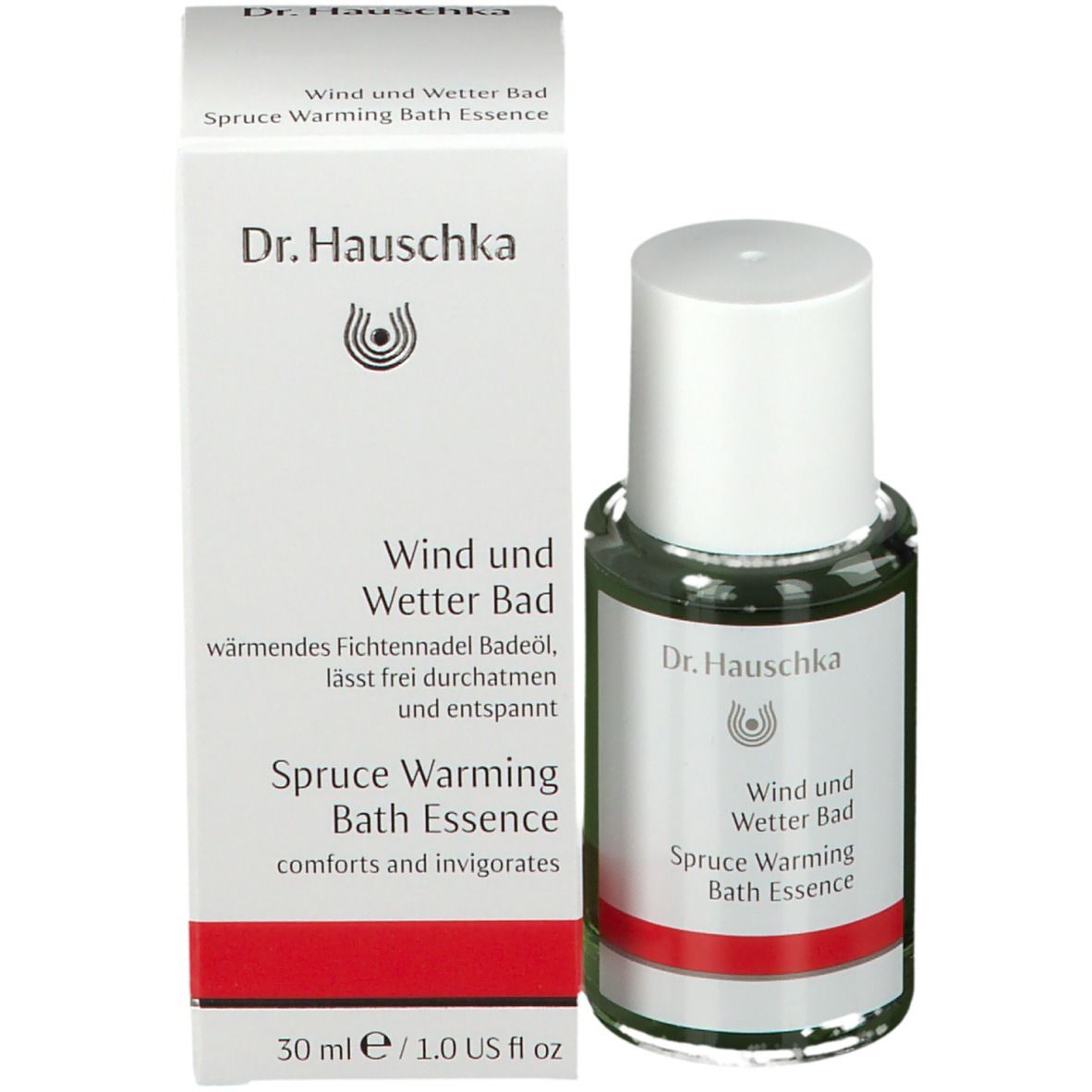 Flacon et emballage. Flacon: vert, bouchon blanc. Emballage: blanc, rouge. Texte: Wind und Wetter Bad, Spruce Warming Bath Essence.