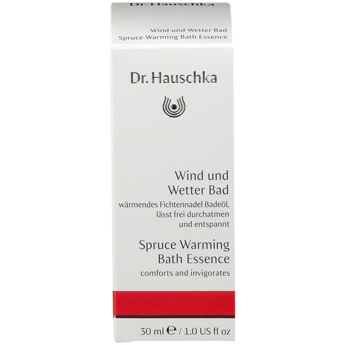 Emballage blanc avec logo Dr. Hauschka. Texte: Wind und Wetter Bad, Spruce Warming Bath Essence, 30 ml / 1.0 US fl oz. Bande rouge.
