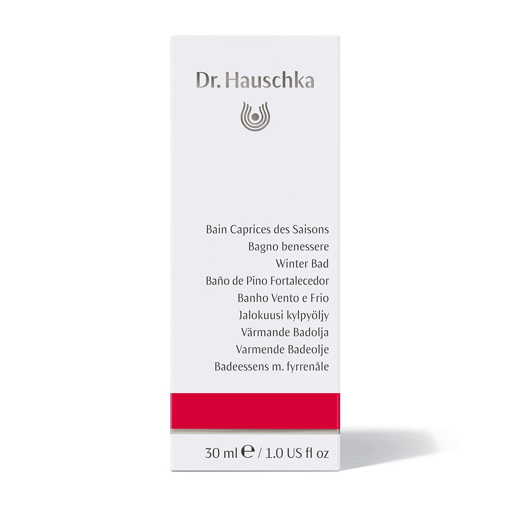 Emballage blanc avec logo Dr. Hauschka. Texte: Bain Caprices des Saisons, Winter Bad, 30 ml / 1.0 US fl oz. Bande rouge.