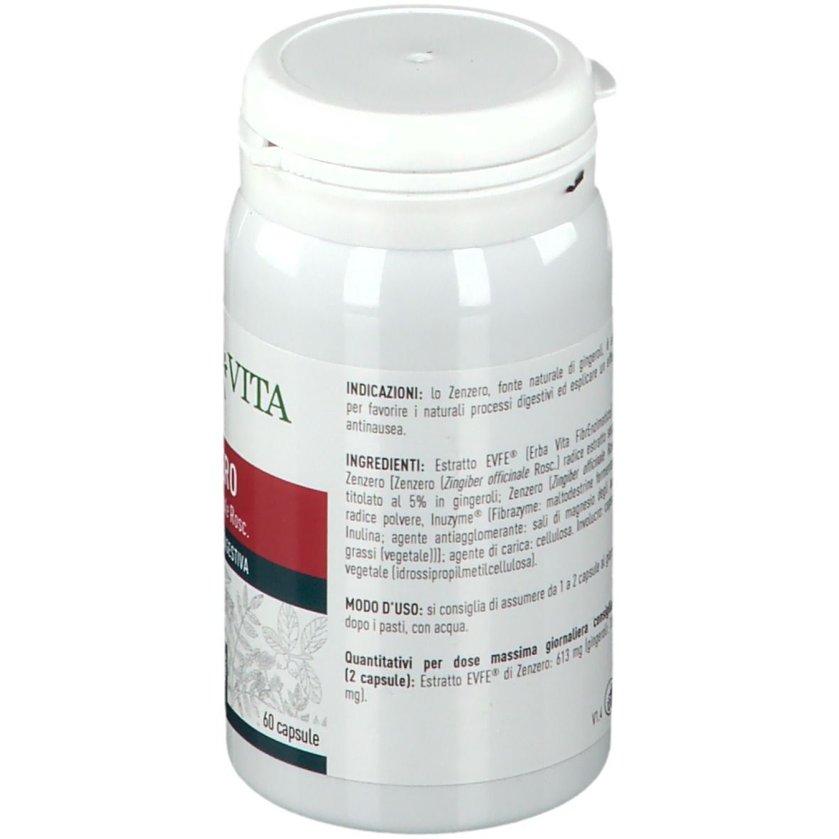 Flacon blanc de gélules. Inscription: ERBA VITA. Liste des ingrédients et instructions d'utilisation.