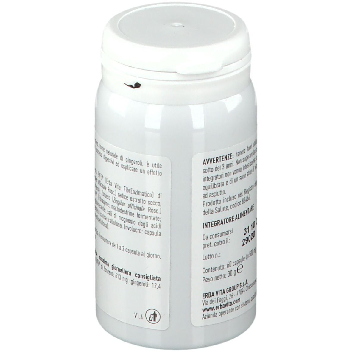 Flacon blanc de gélules. Inscription: ERBA VITA. Avertissements et informations nutritionnelles.