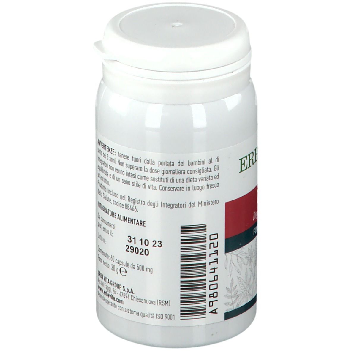 Flacon blanc de gélules. Inscription: ERBA VITA. Avertissements, ingrédients, date de péremption.