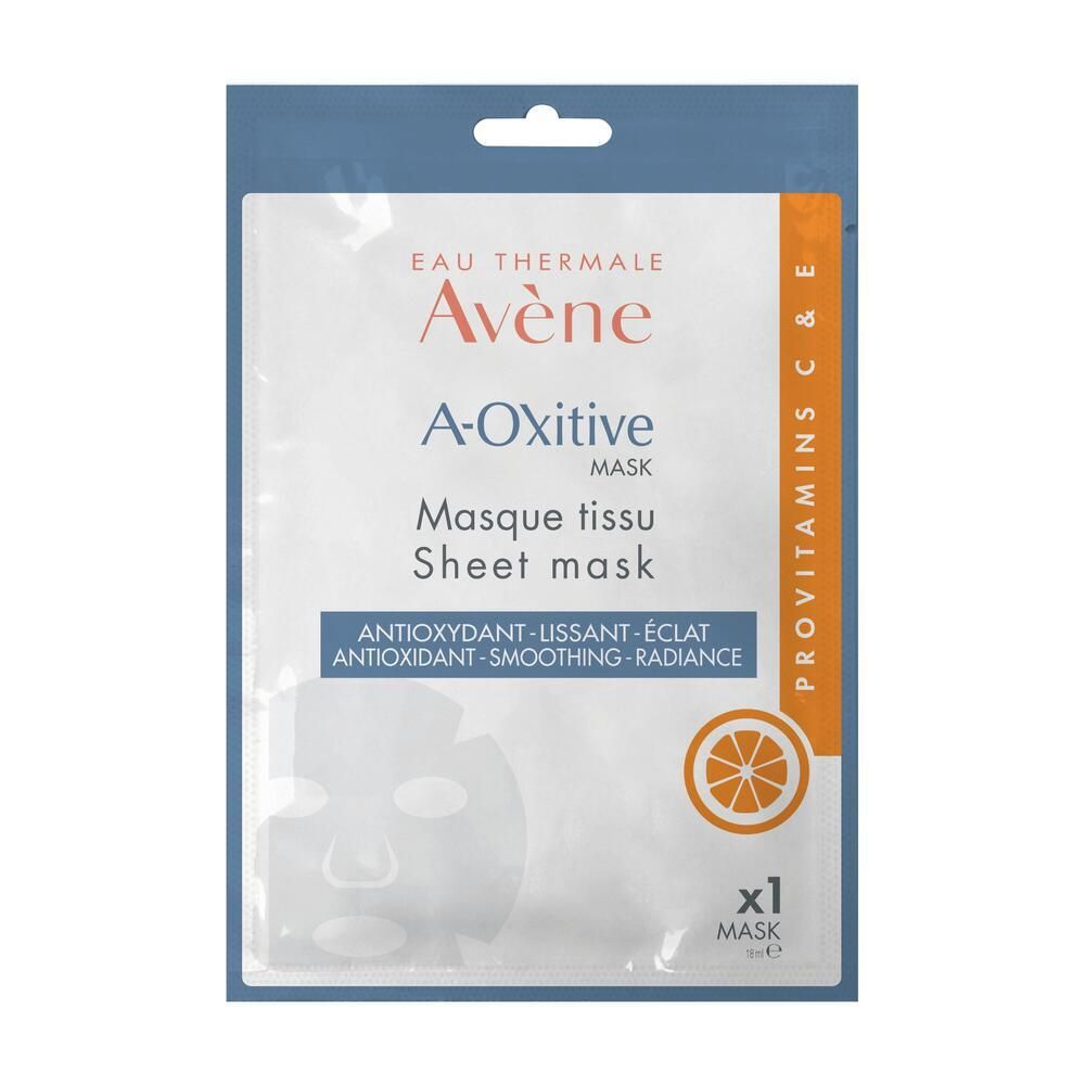 Emballage de masque tissu Avène A-Oxitive. Face avant avec nom du produit, texte et illustration d'orange. Emballage individuel.