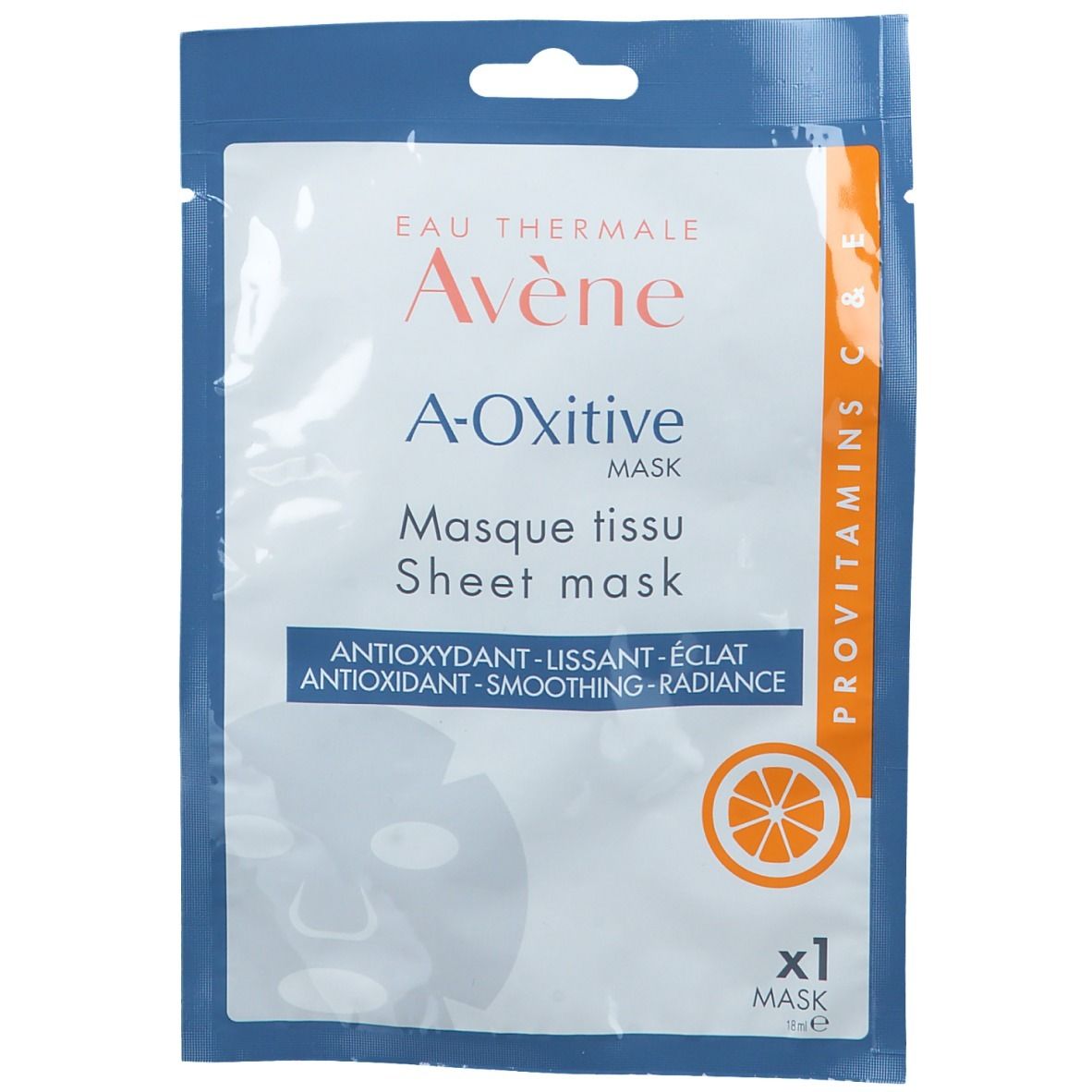 Emballage de masque tissu Avène A-Oxitive. Face avant avec nom du produit, texte et illustration d'orange. Emballage individuel.