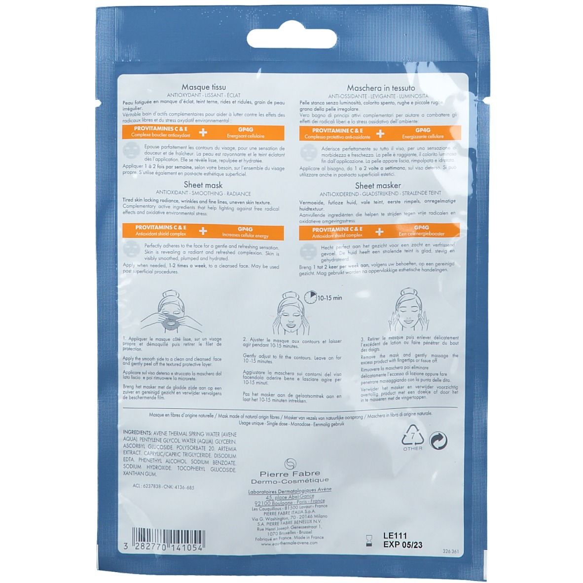 Dos de l'emballage du masque tissu Avène A-Oxitive. Texte multilingue, instructions d'utilisation et ingrédients.